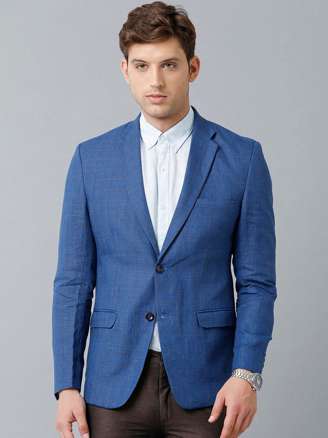 

Linen Club Men Solid Single Breasted Notch Lapel Sustainable Blazer, Blue