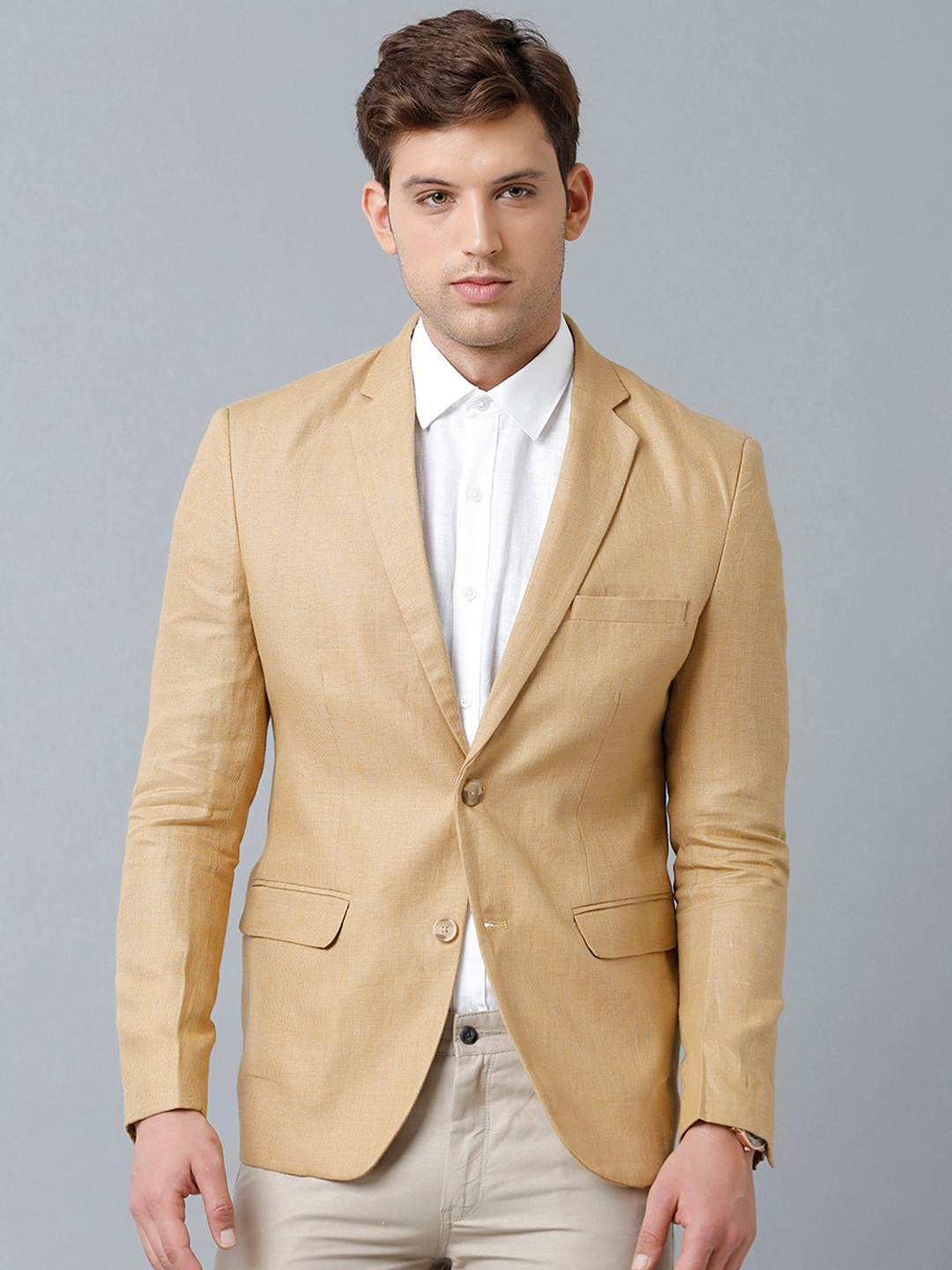 

Linen Club Men Solid Single-Breasted Notch lapel Blazer, Yellow