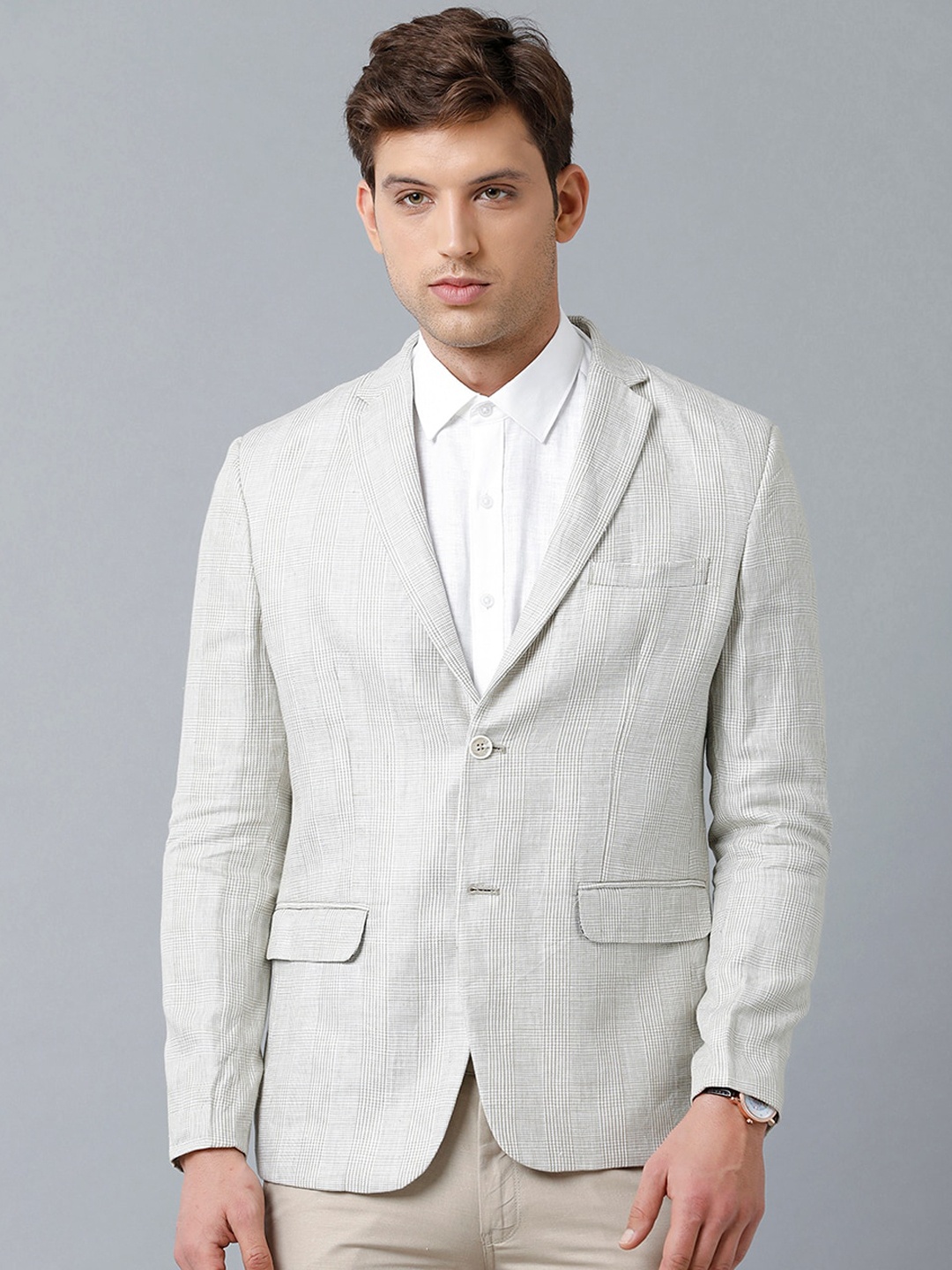 

Linen Club Men Checked Single-Breasted Sustainable Blazer, White