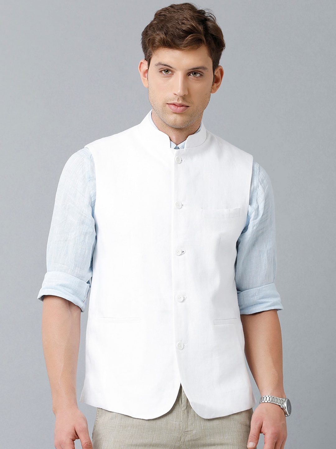 

Linen Club Men Woven Pure Linen Nehru Jacket, White