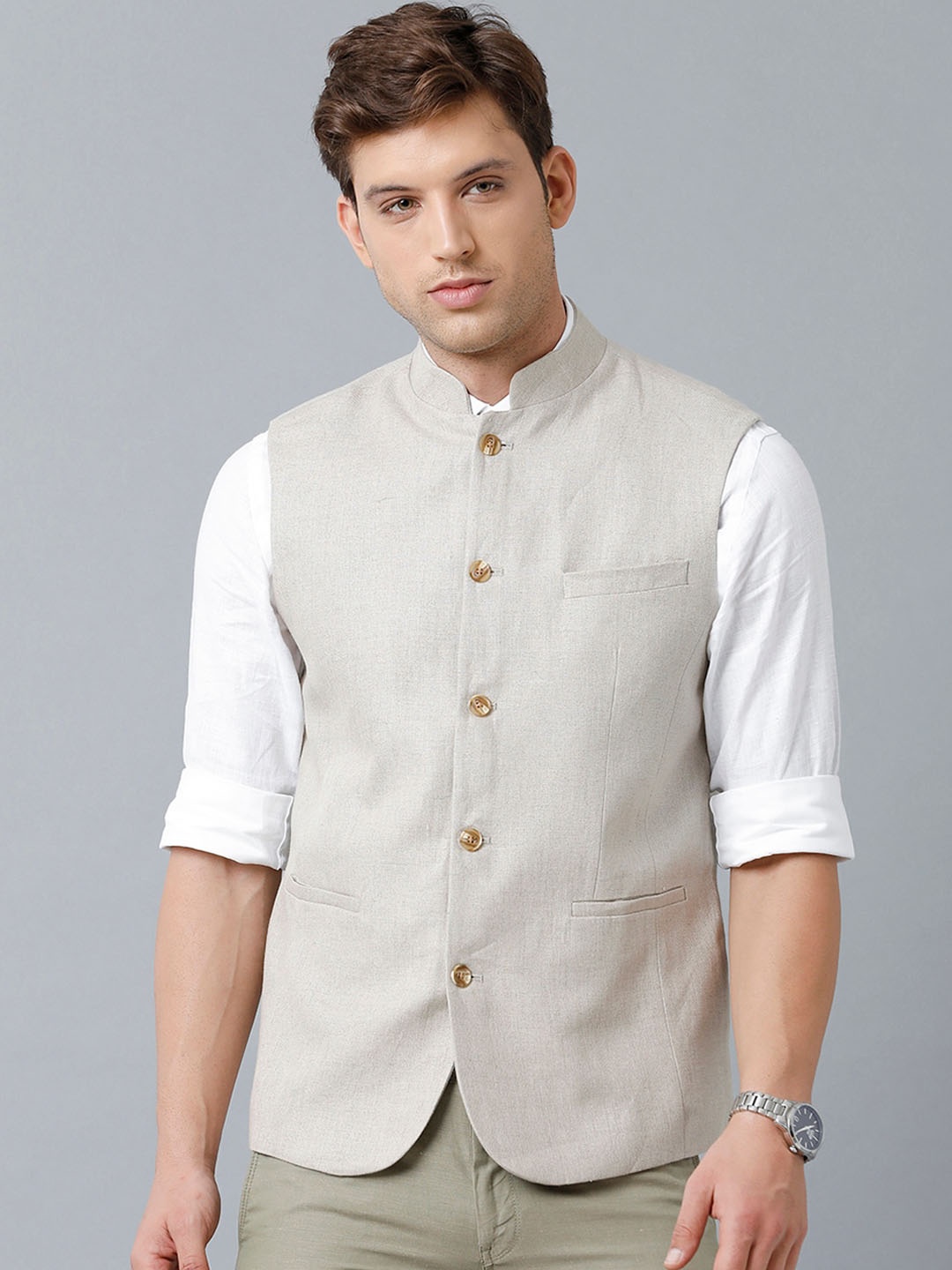 

Linen Club Men Pure Linen Woven Relaxed Fit Nehru Jacket, Beige