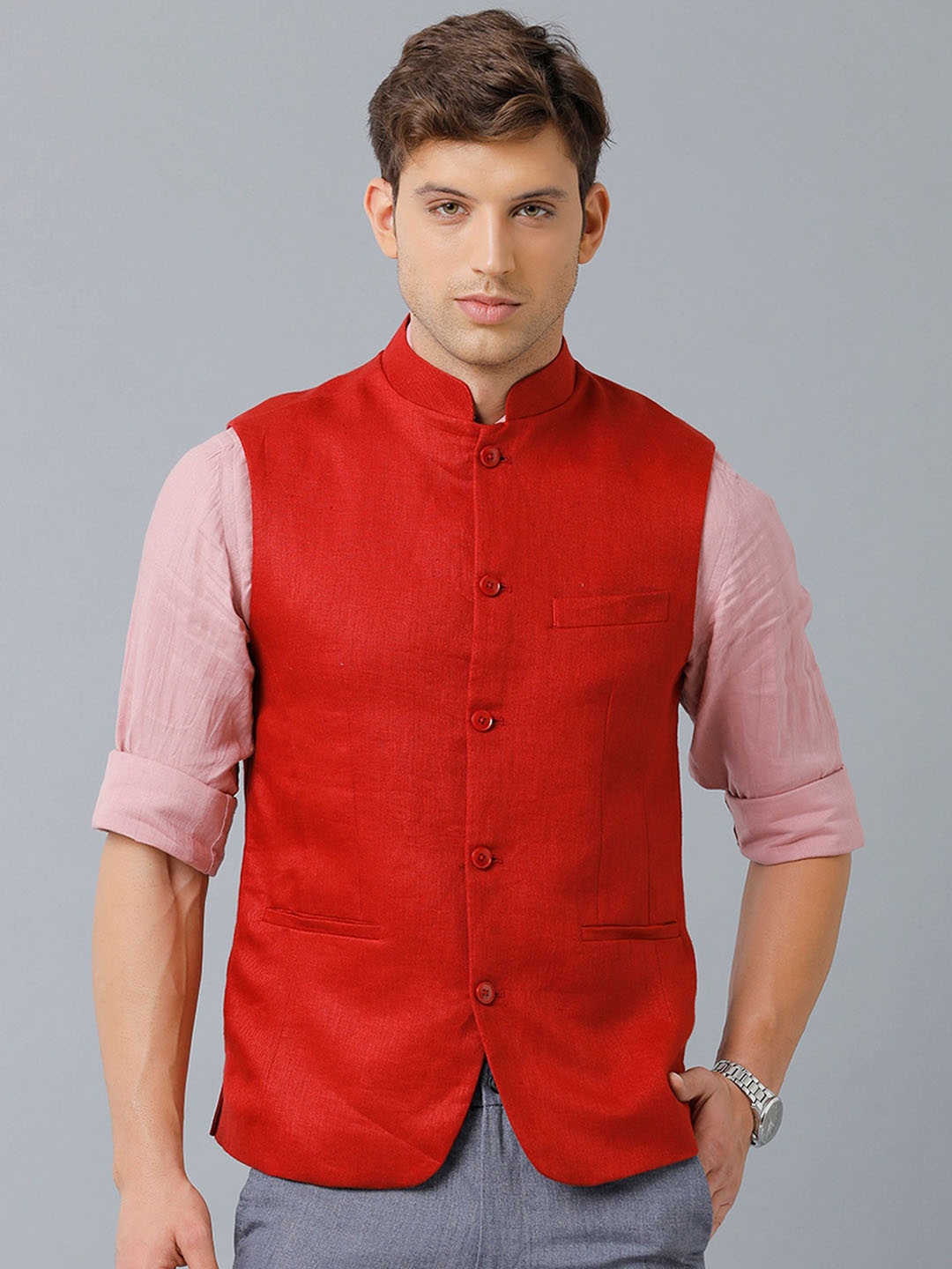 

Linen Club Men Red Solid Woven Nehru Jacket
