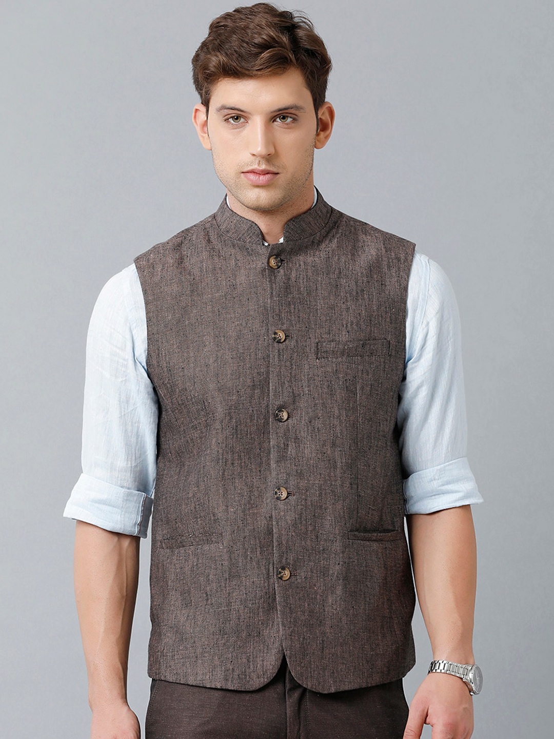 

Linen Club Men Woven Pure Linen Nehru Jackets, Brown
