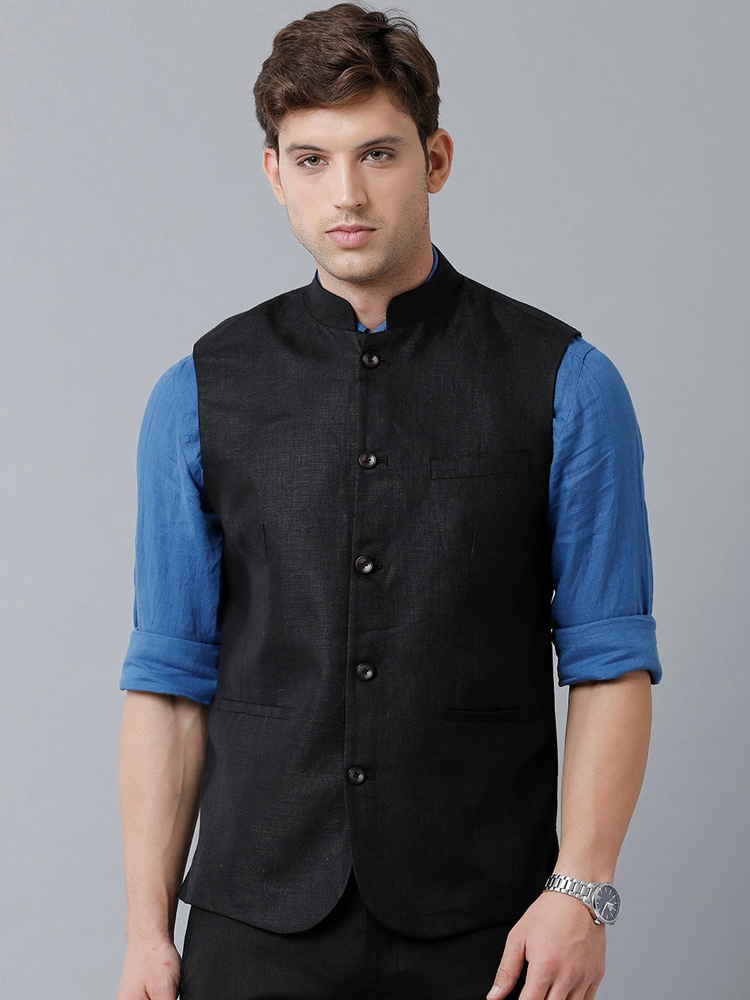 

Linen Club Men Pure Linen Nehru Jacket, Black