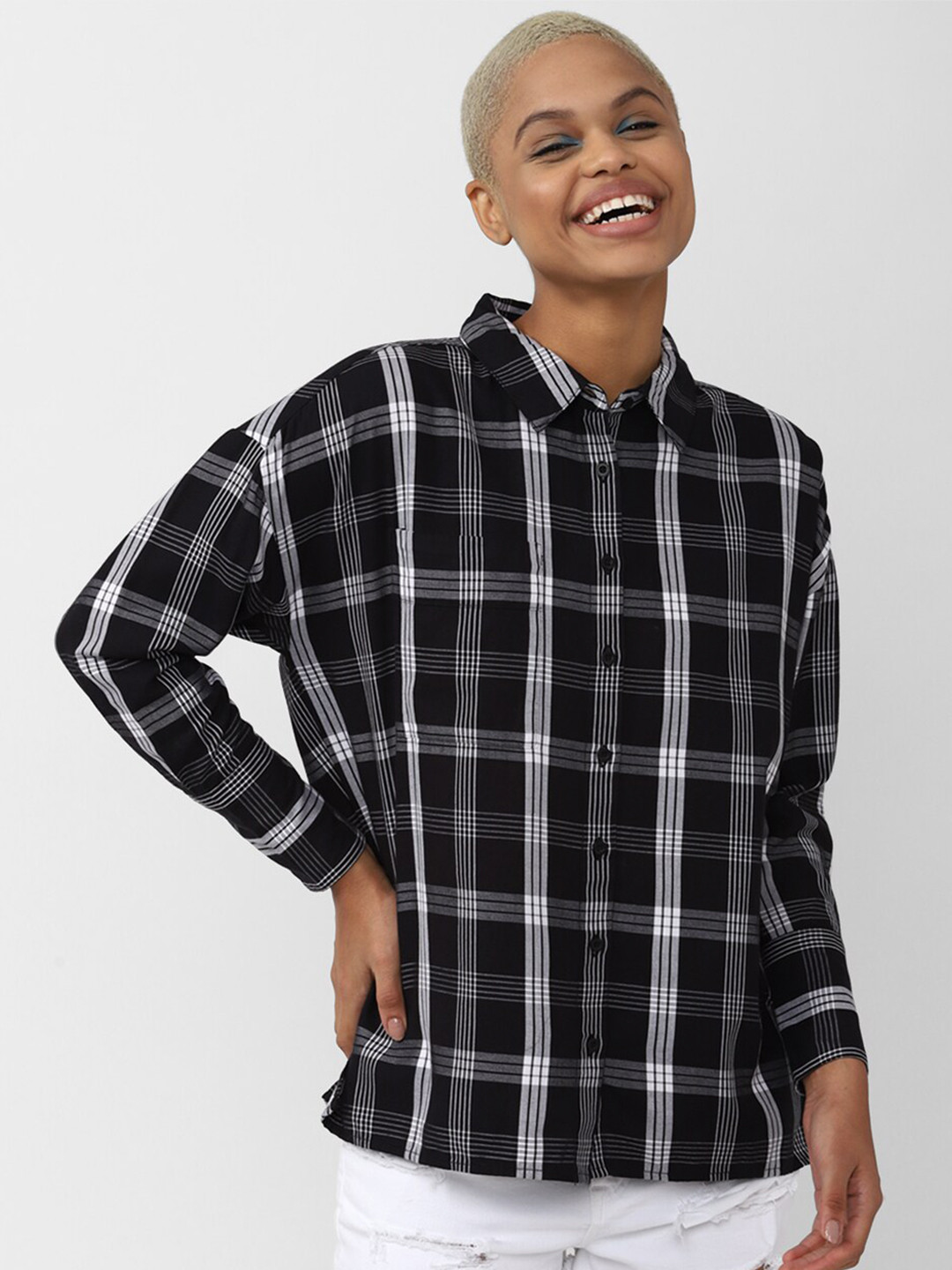 

FOREVER 21 Women Checked Cotton Regular Fit Casual Shirt, Black