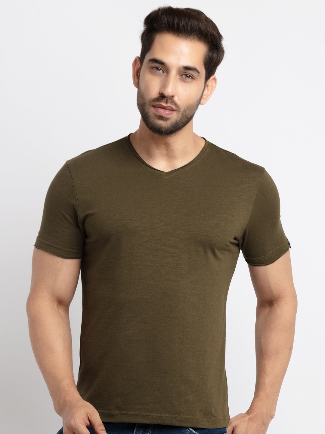 

Status Quo Men V-Neck Cotton T-shirt, Olive