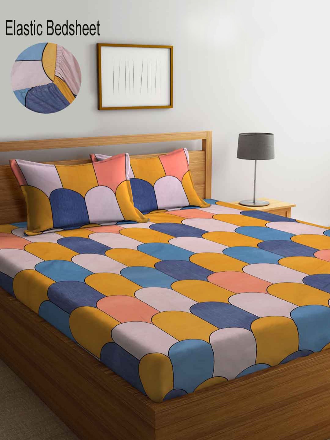 

KLOTTHE Blue & Yellow Geometric 300 TC Fitted Super King Double Bedsheet & 2 Pillow Covers