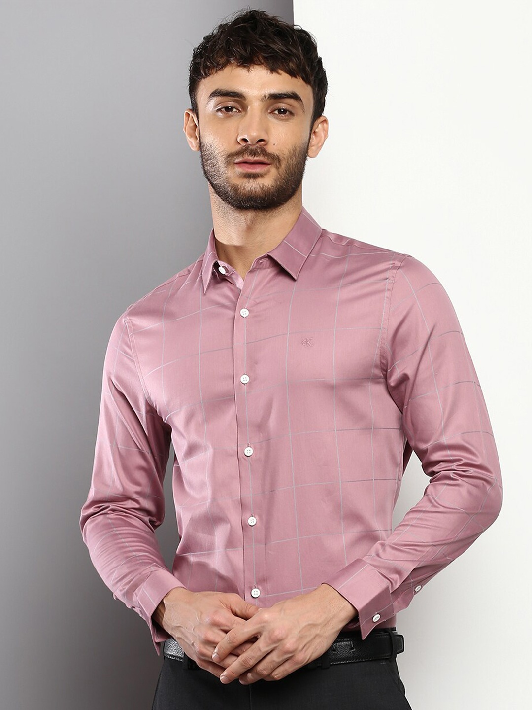 

Calvin Klein Jeans Men Slim Fit Windowpane Checked Formal Shirt, Pink