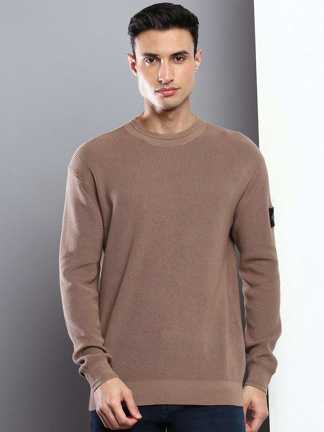

Calvin Klein Jeans Men Solid Ribbed Pullover Organic Cotton Sweater, Brown