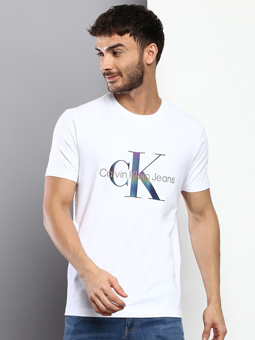 

Calvin Klein Jeans Men Cotton Typography Printed T-shirt, White
