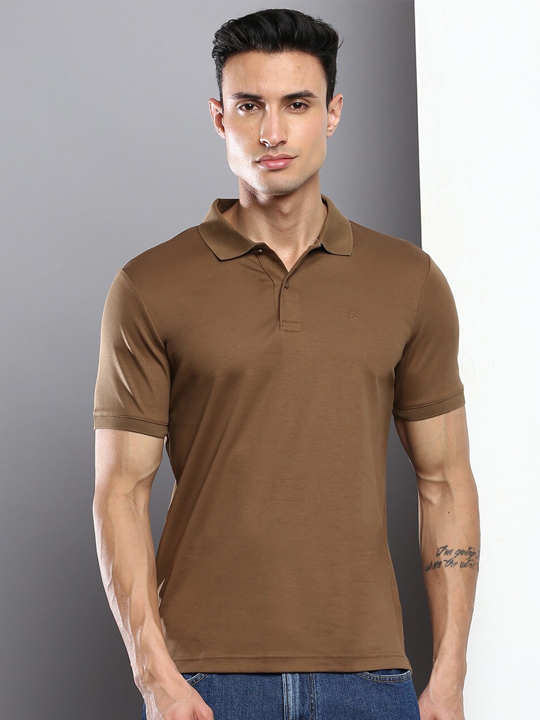 

Calvin Klein Jeans Men Polo Collar Cotton T-shirt, Brown
