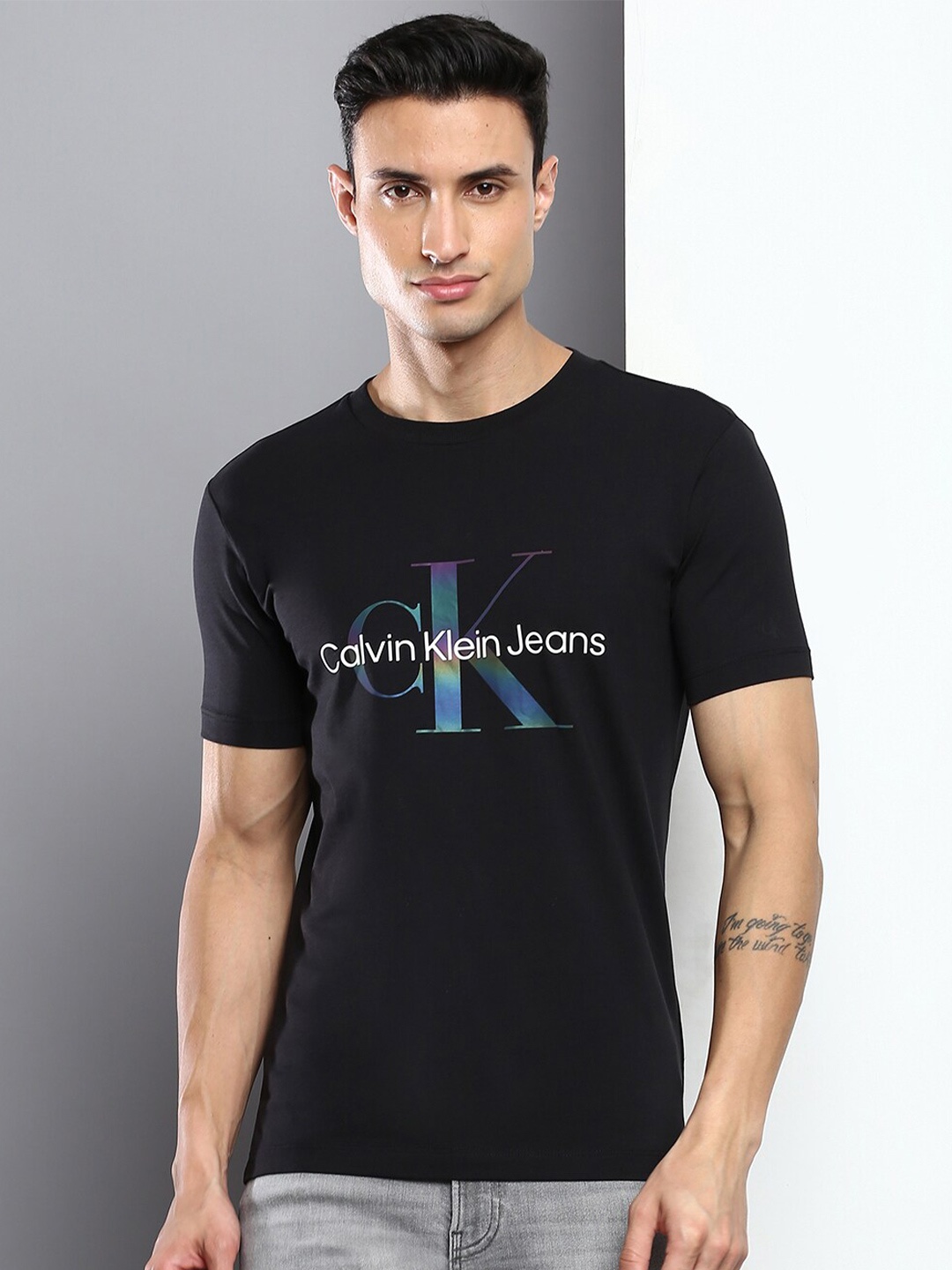 

Calvin Klein Jeans Men Typography Printed Round Neck T-shirt, Black