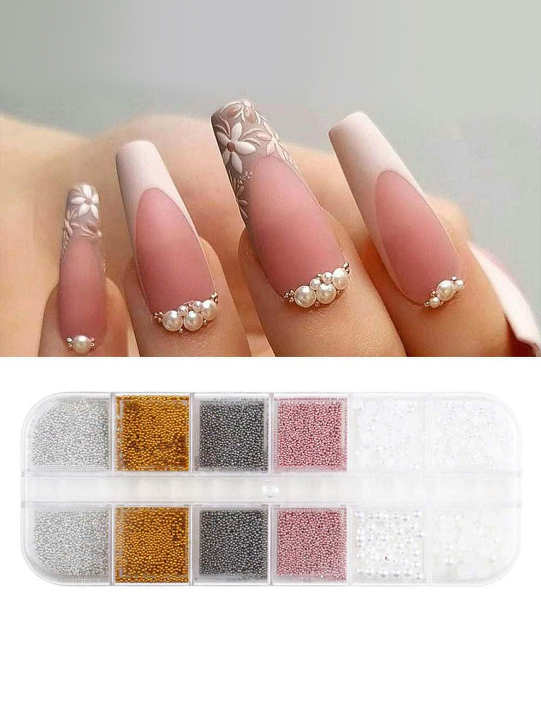 

S.A.V.I. 4 Color Caviar Metal Bead Balls- Nail Art Palette Decorations & Flat Pearls, White