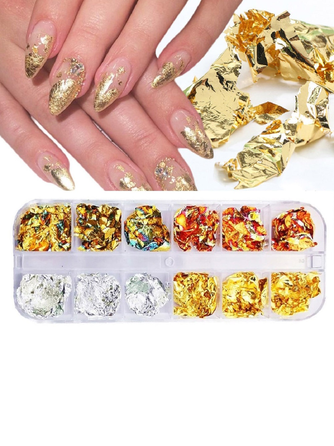 

S.A.V.I. 12 Grids Box Marble DIY Nail Foil Art Decoration Accessories Manicure, Gold