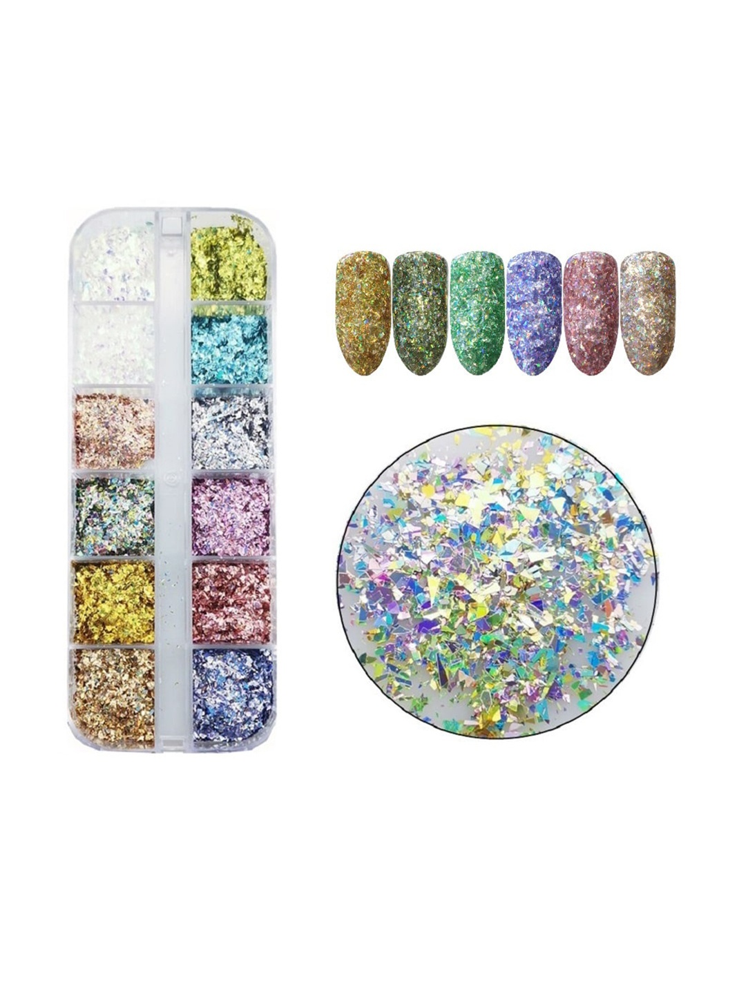 

S.A.V.I. 12 Grids Box Broken Shattered Glitter Glass Fragments DIY Nail Art Accessories, Multi