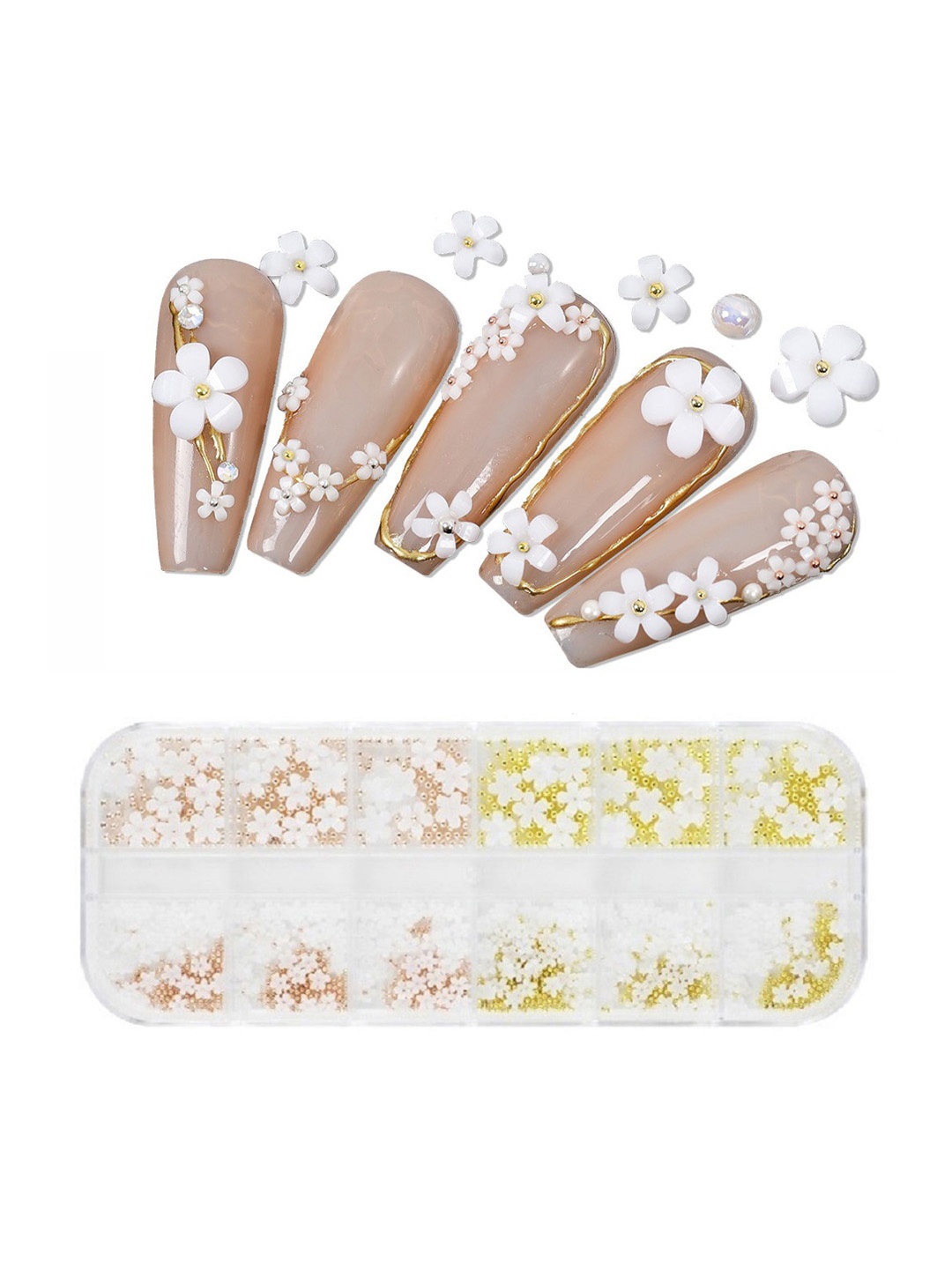 

S.A.V.I. 12 Grids Box DIY Nail Art Five Petal Flowers & Metal Beads, White