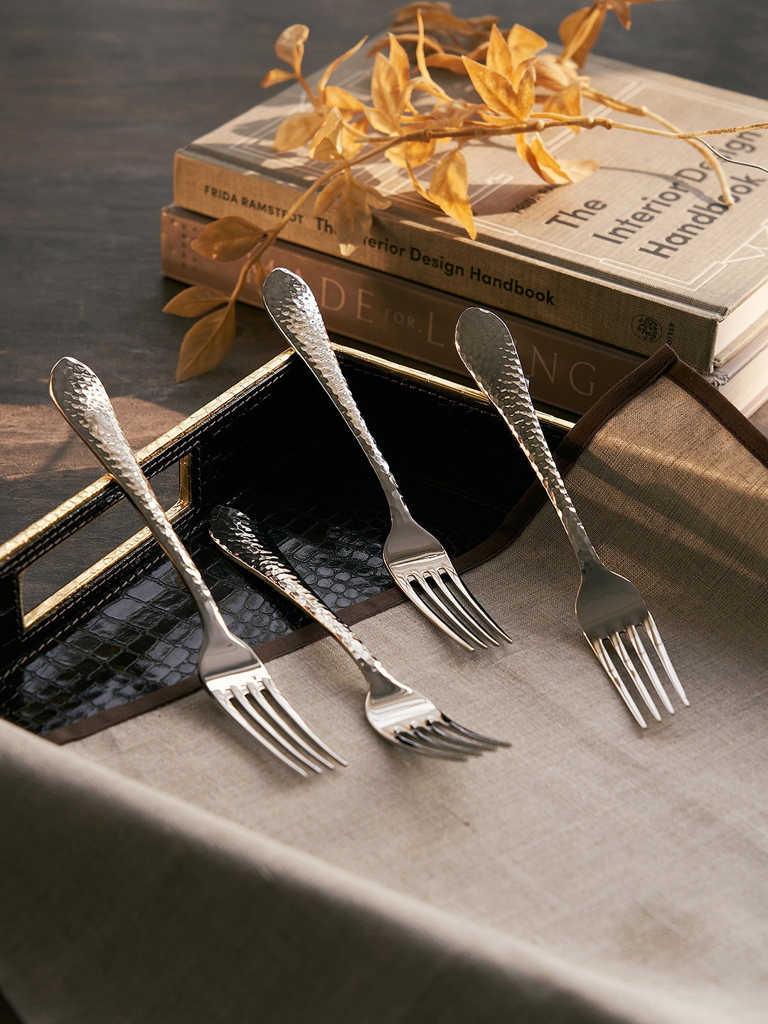 

Pure Home and Living Set Of 4 Hammered Dessert Forks, Silver