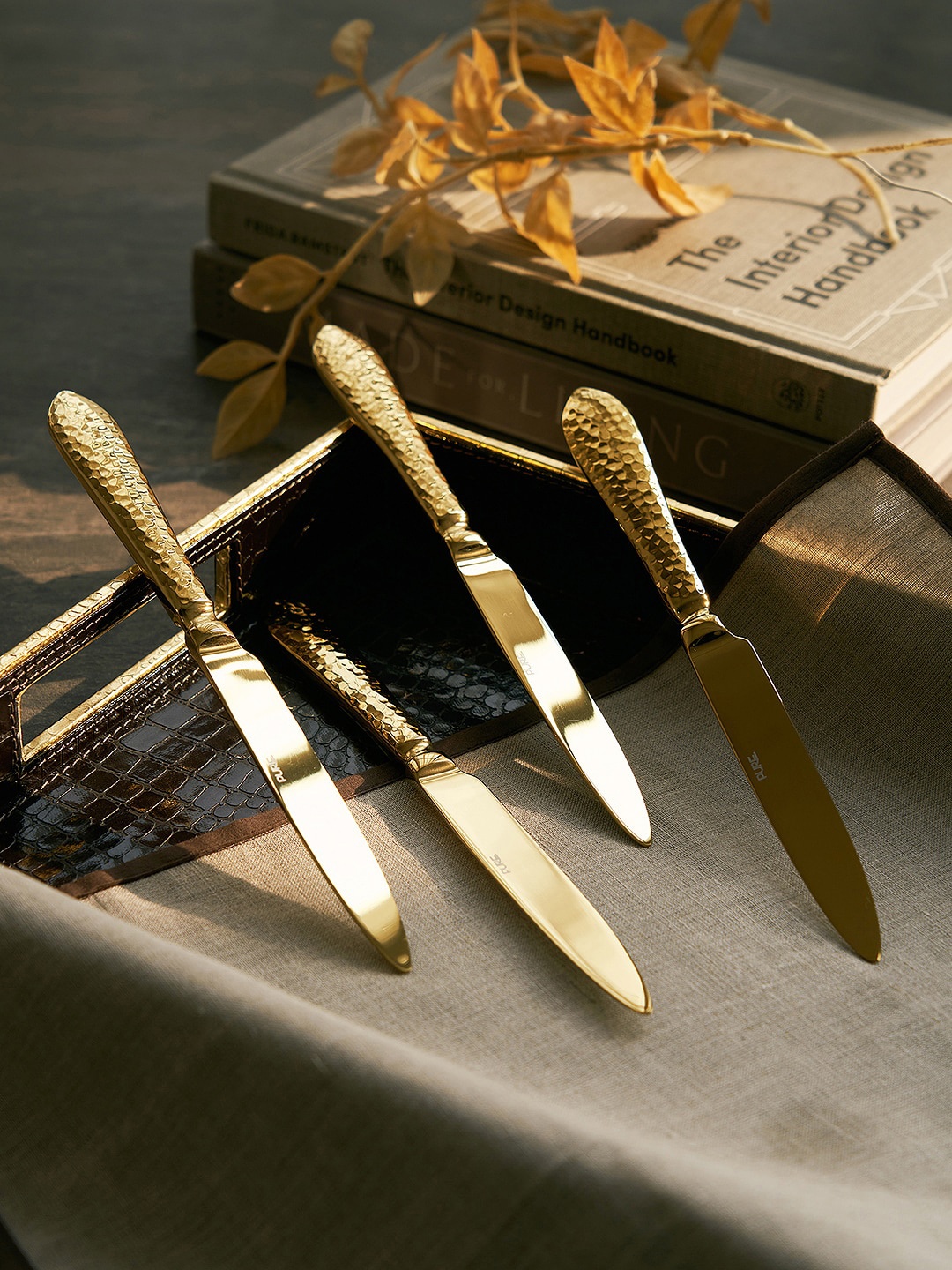 

Pure Home and Living Set Of 4 Gold-Toned Stainless Steel Hammered Dessert Knives