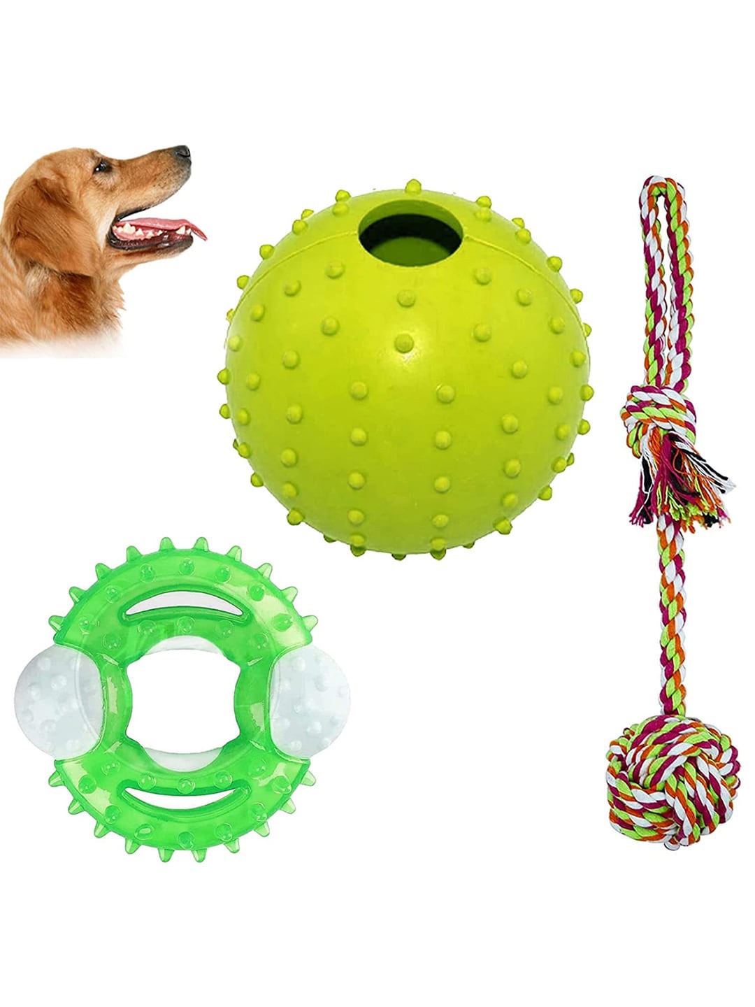 

Emily pets Set Of 3 Textured Pure Cotton Pet Toys, Green