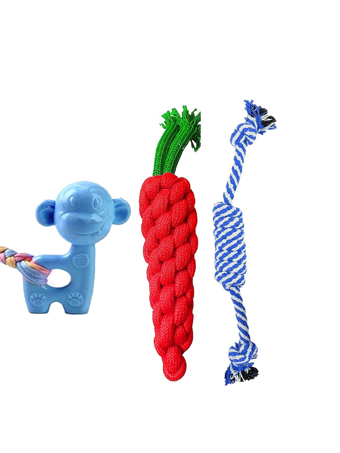 

Emily pets Set Of 3 Red & Blue Patterned Cotton Rubber Teething Chew Toys