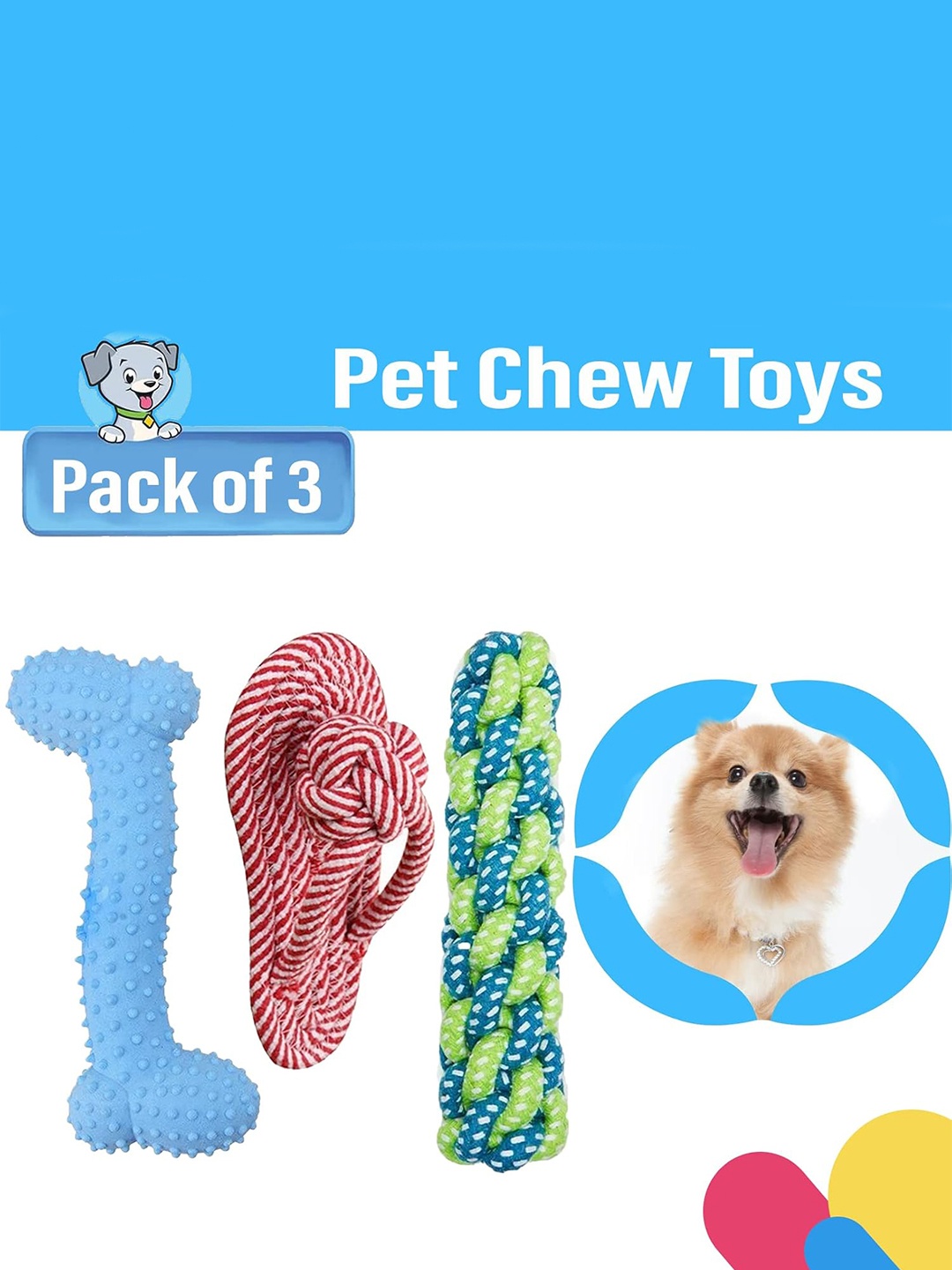 

Emily pets Set Of 3 Textured Pure Cotton Pet Chewable Toys, Blue