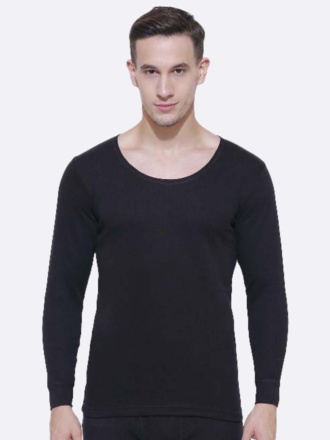

BODYCARE INSIDER Men Solid Knitted Cotton Thermal Tops, Black