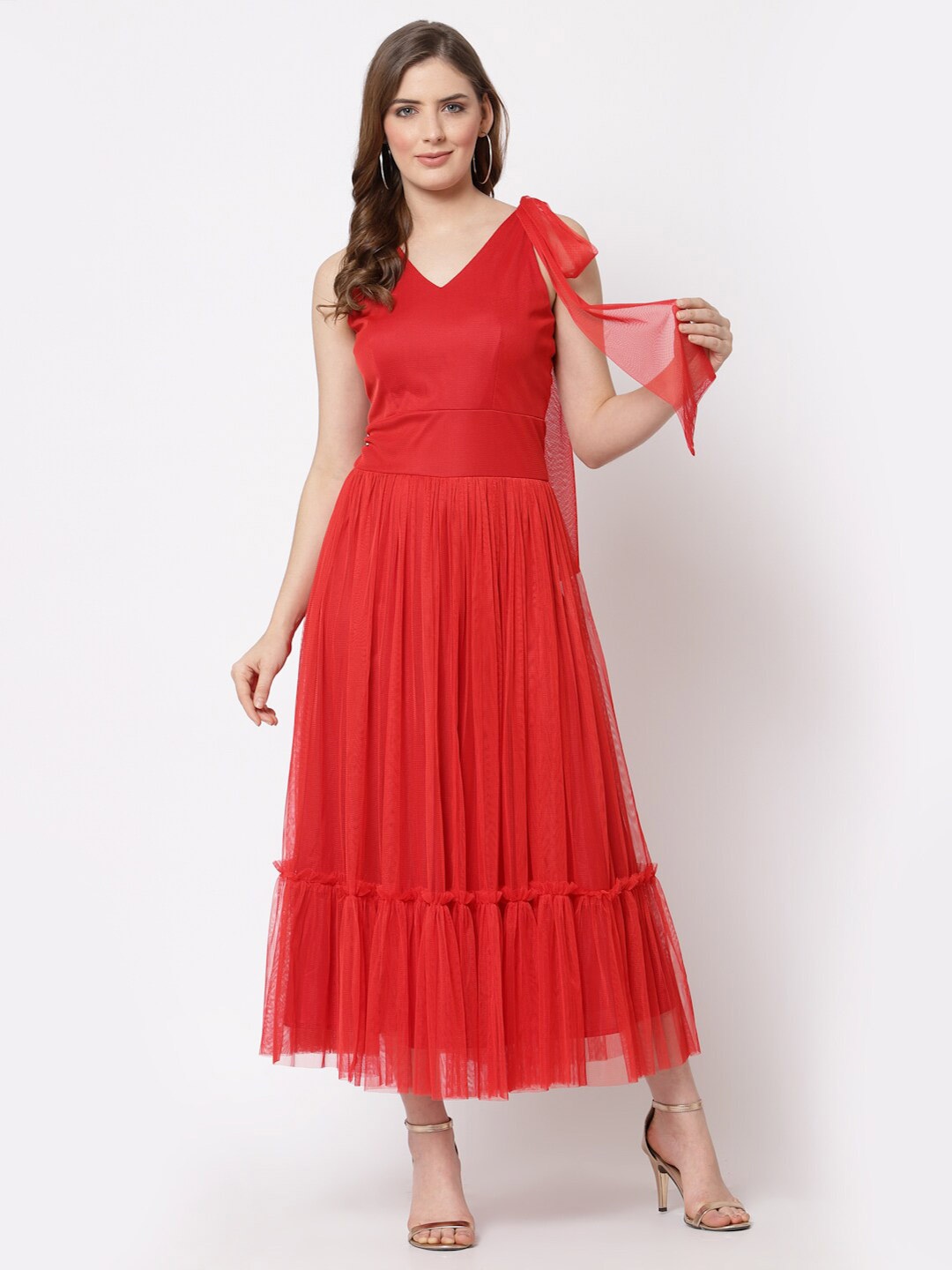 

Just Wow V-Neck Net Maxi Dress, Red