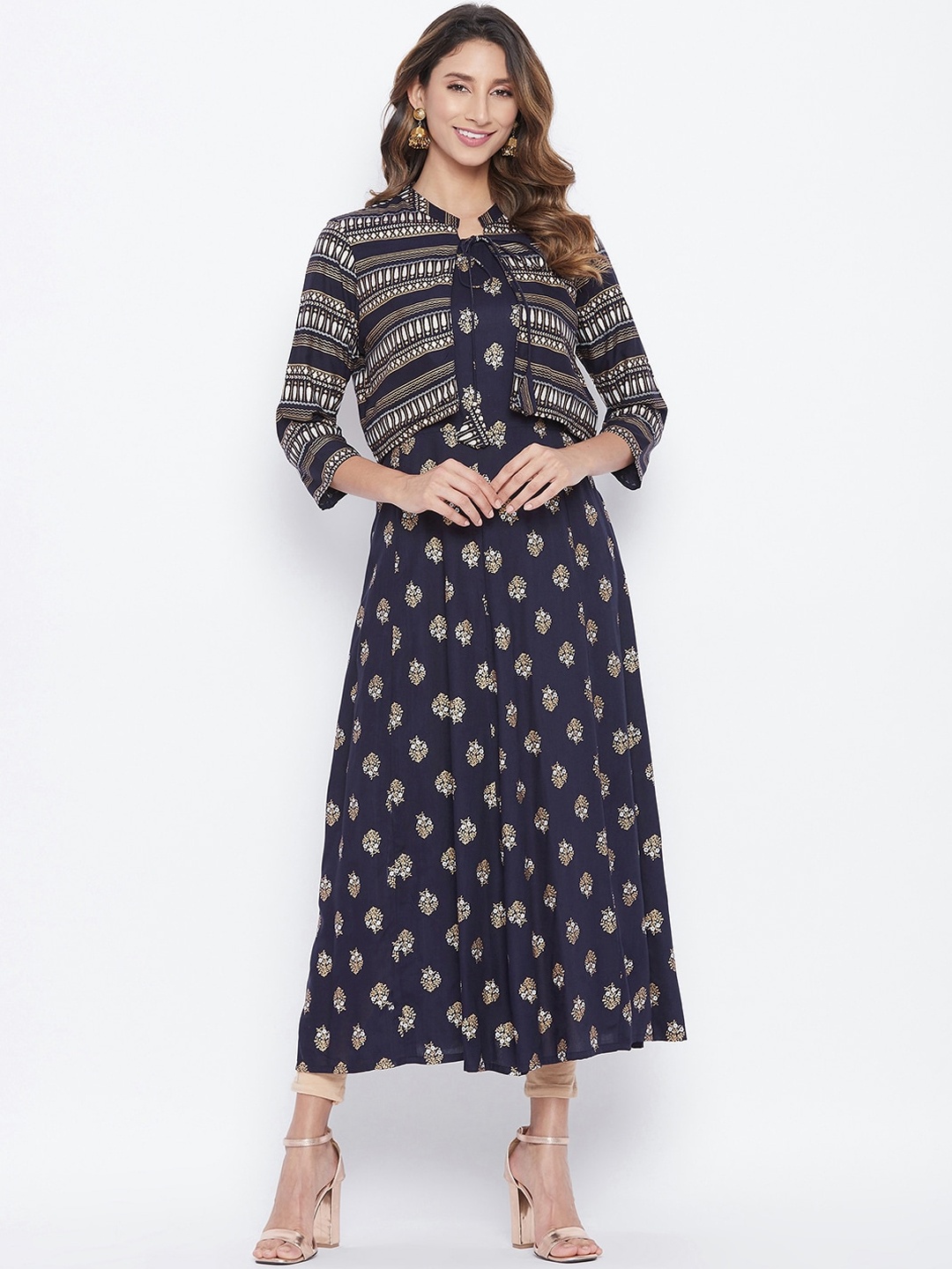 

Prakhya Floral Printed Tie-Up Neck Kurta, Navy blue