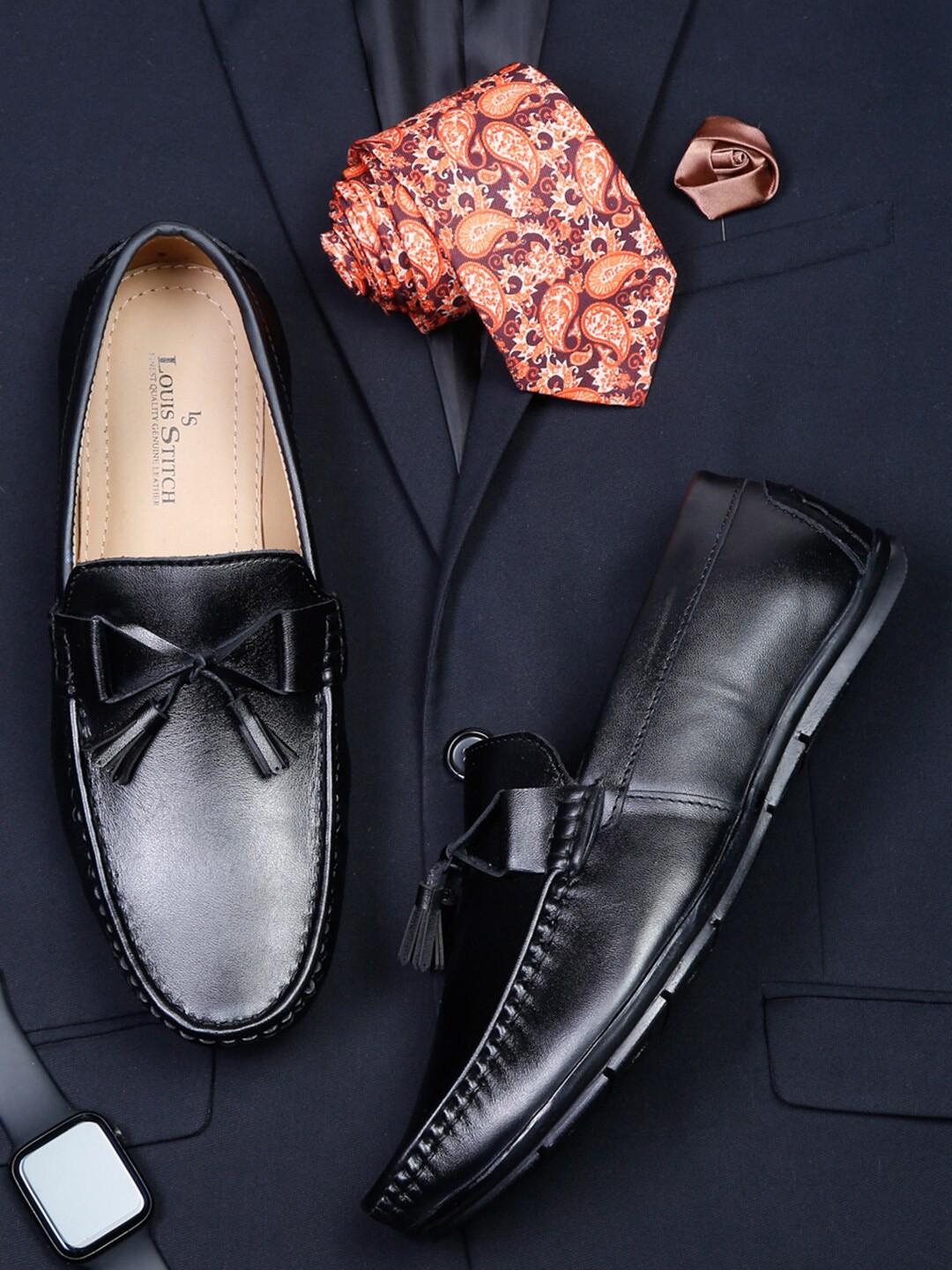 

LOUIS STITCH Men Leather Formal Loafers With Tassels, Black