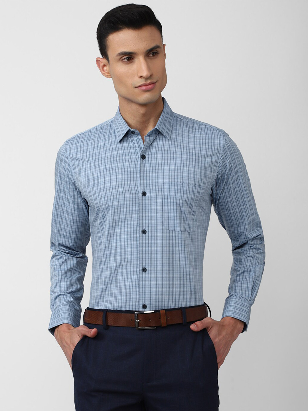 

Peter England Men Slim Fit Grid Tattersall Checked Pure Cotton Formal Shirt, Blue