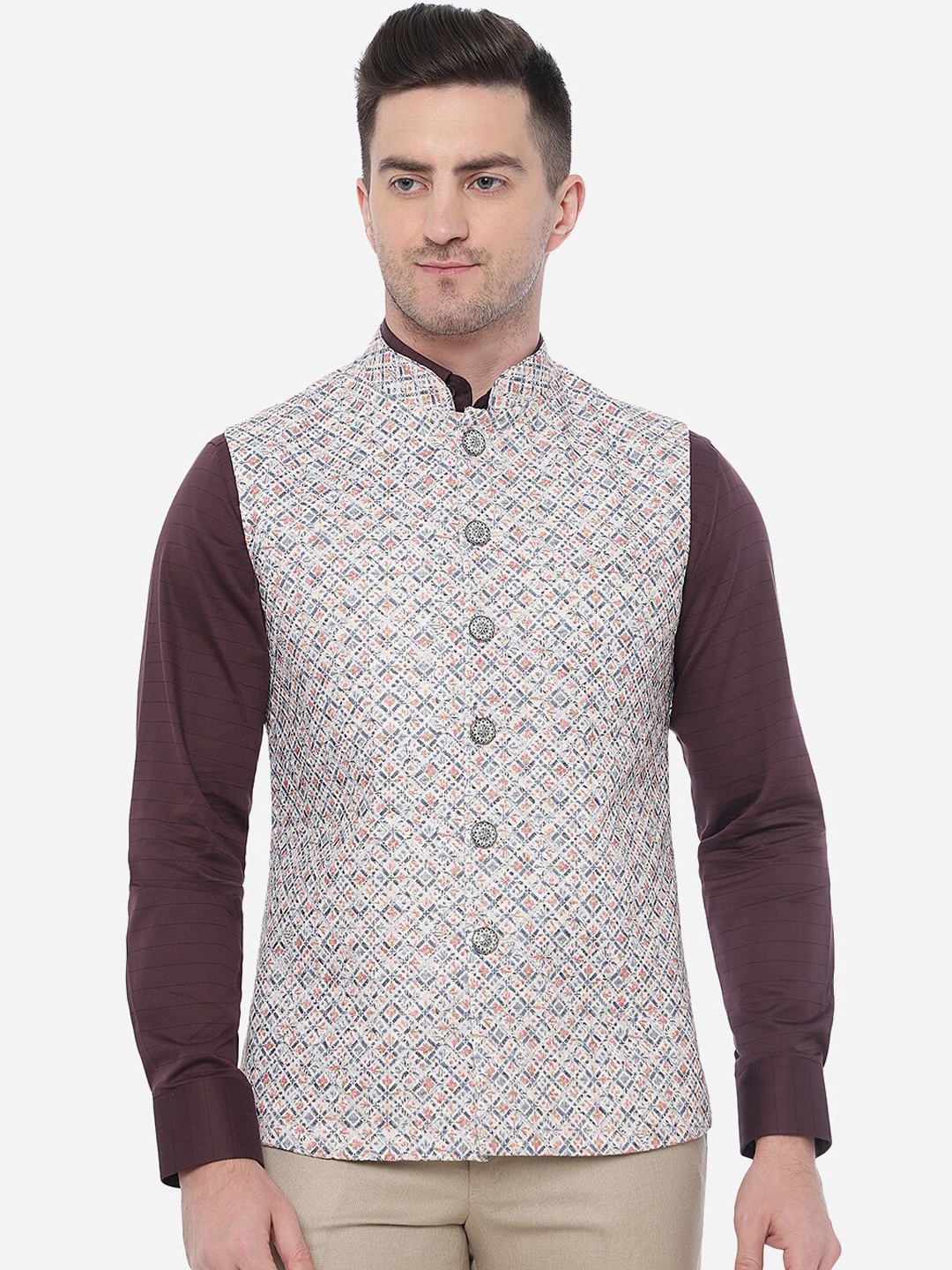 

Greenfibre Men Printed Pure Wool Nehru Jackets, Cream