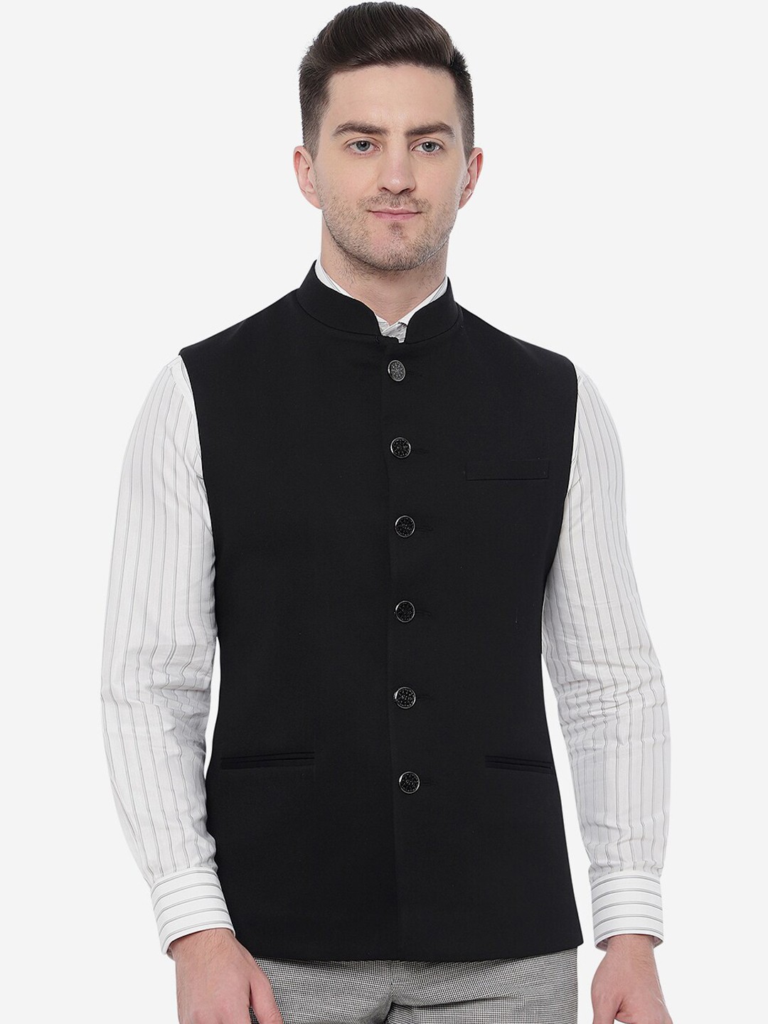 

Greenfibre Men Pure Woolen Nehru Jacket, Black