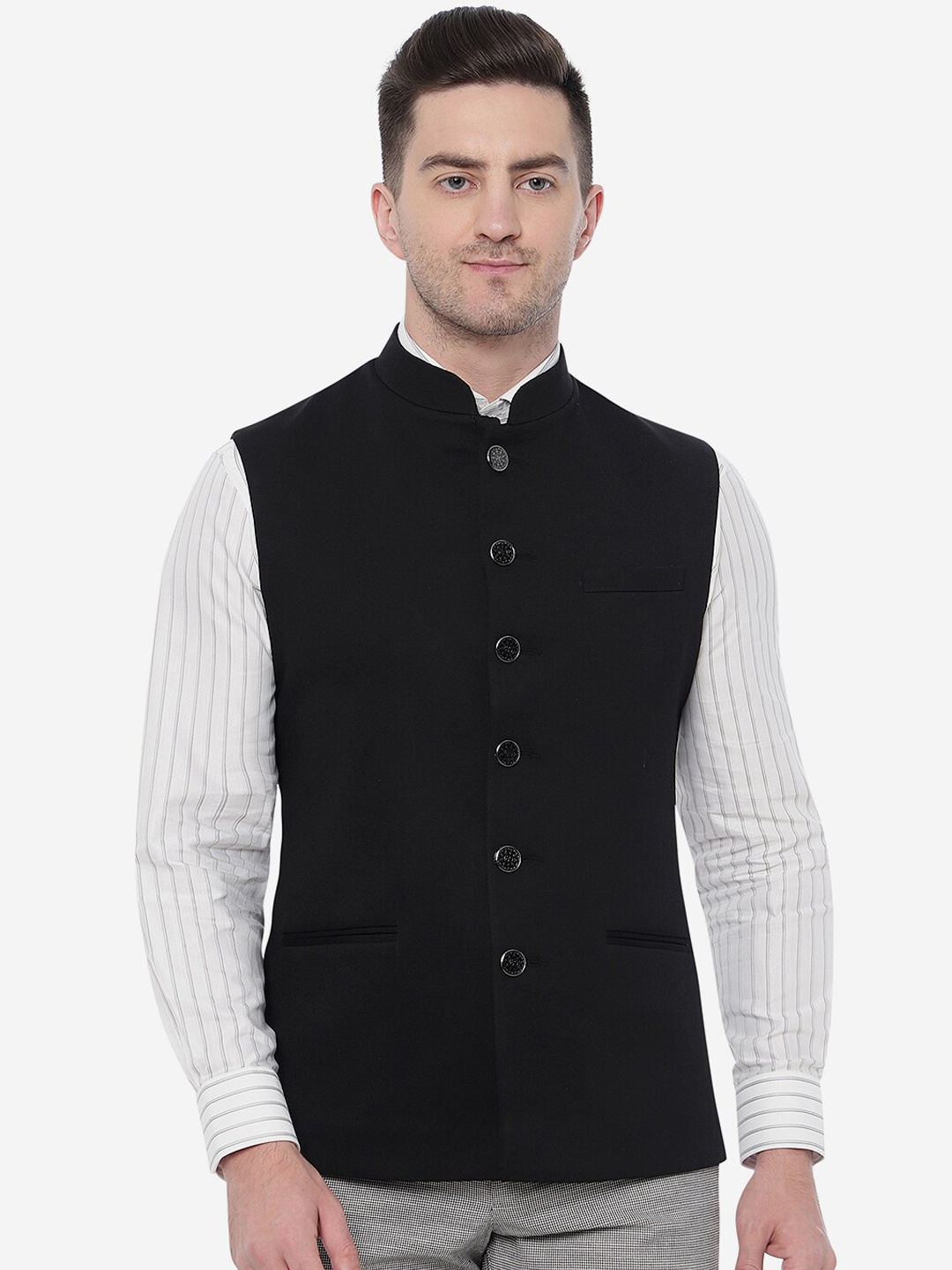 

Greenfibre Men Pure Wool Woven Nehru Jackets, Black