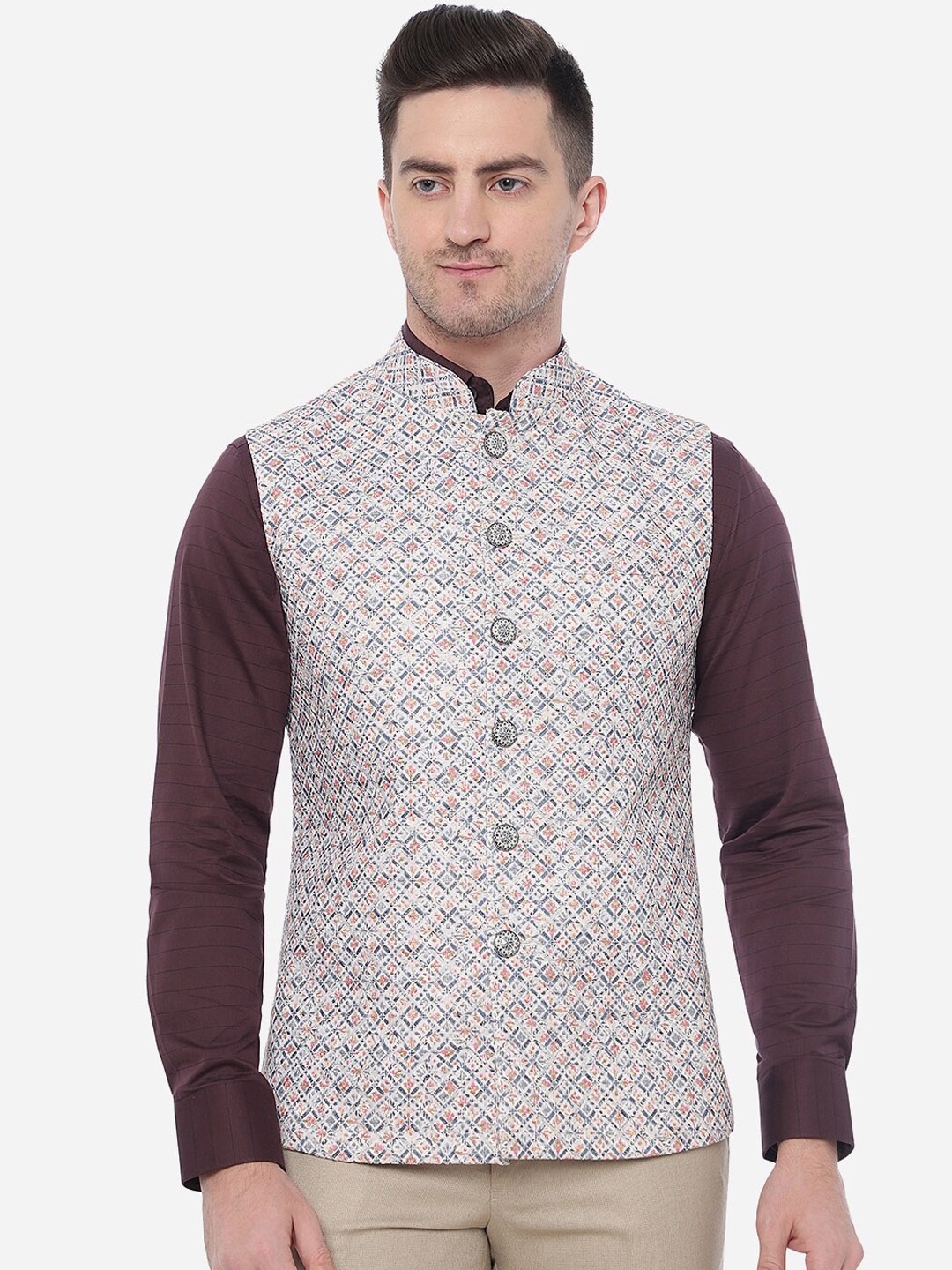 

Greenfibre Men Printed Pure Wool Nehru Jackets, Cream
