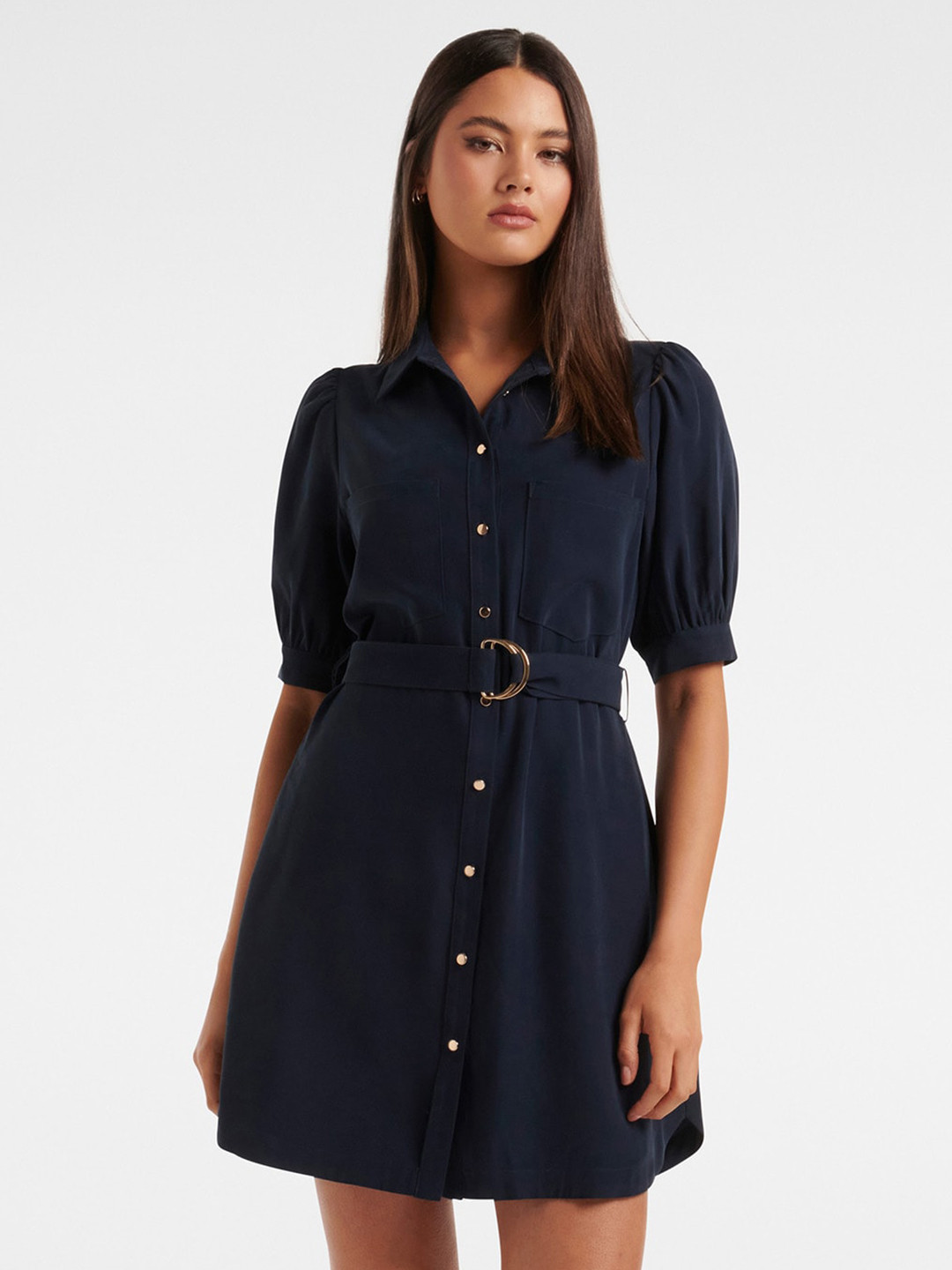 

Forever New Puff Sleeve Shirt Dress, Navy blue
