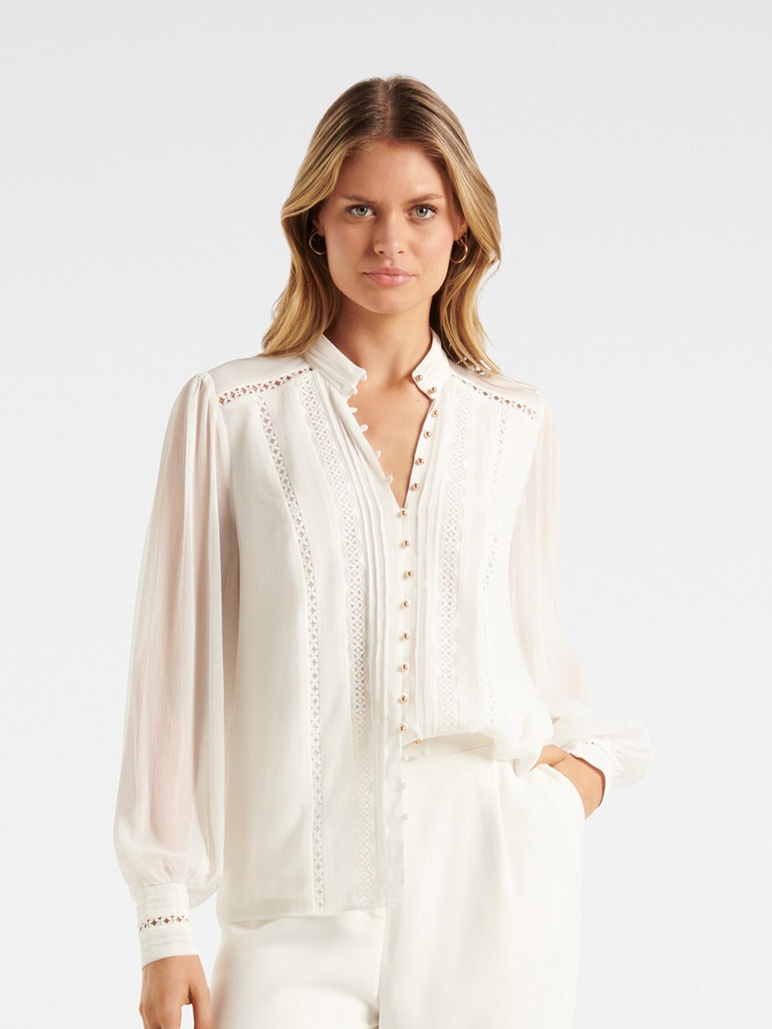 

Forever New Self Design Mandarin Collar Shirt Style Top, White