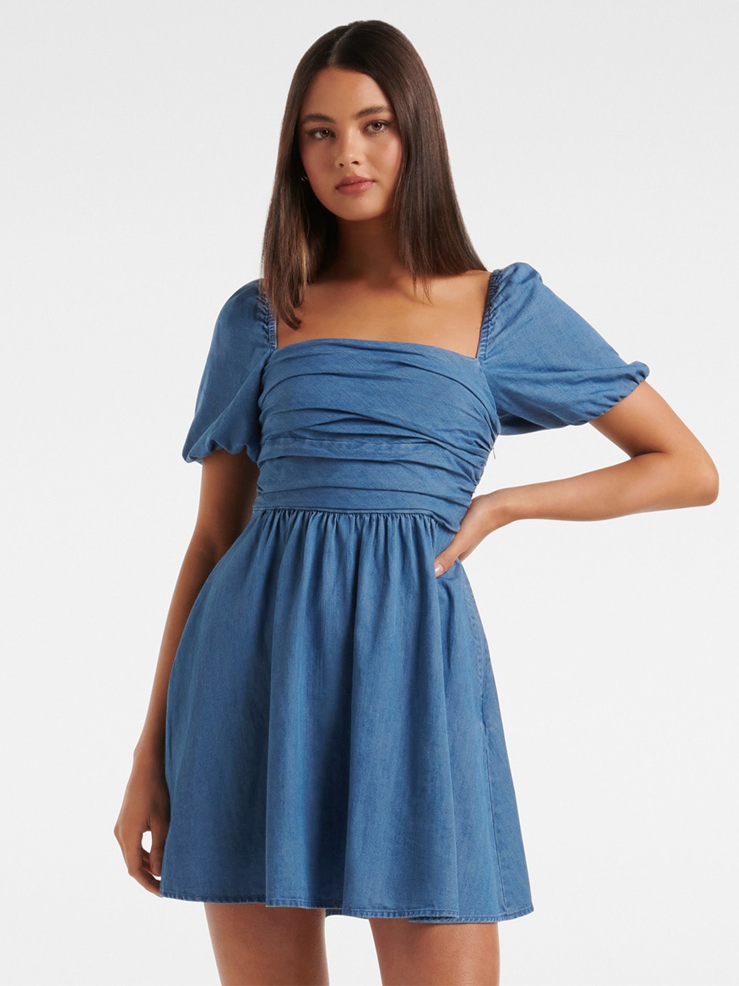 

Forever New Square Neck Pure Cotton Fit & Flare Dress, Navy blue