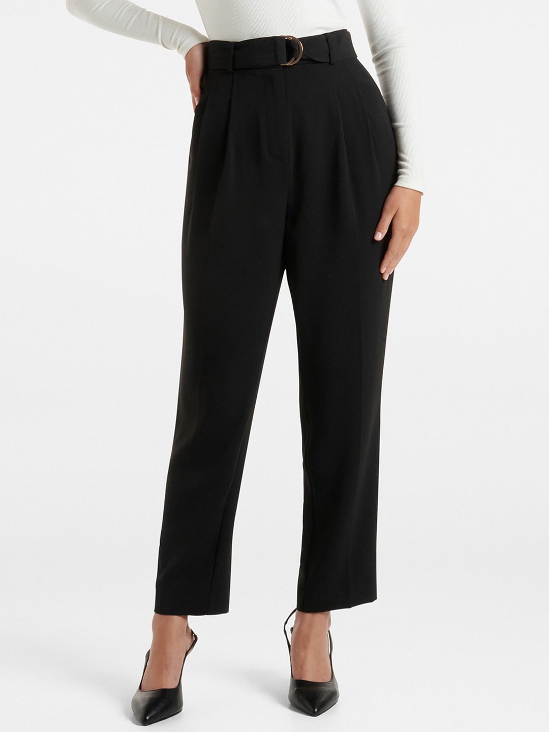 

Forever New Women Tapered Fit High-Rise Pleated Trousers, Black