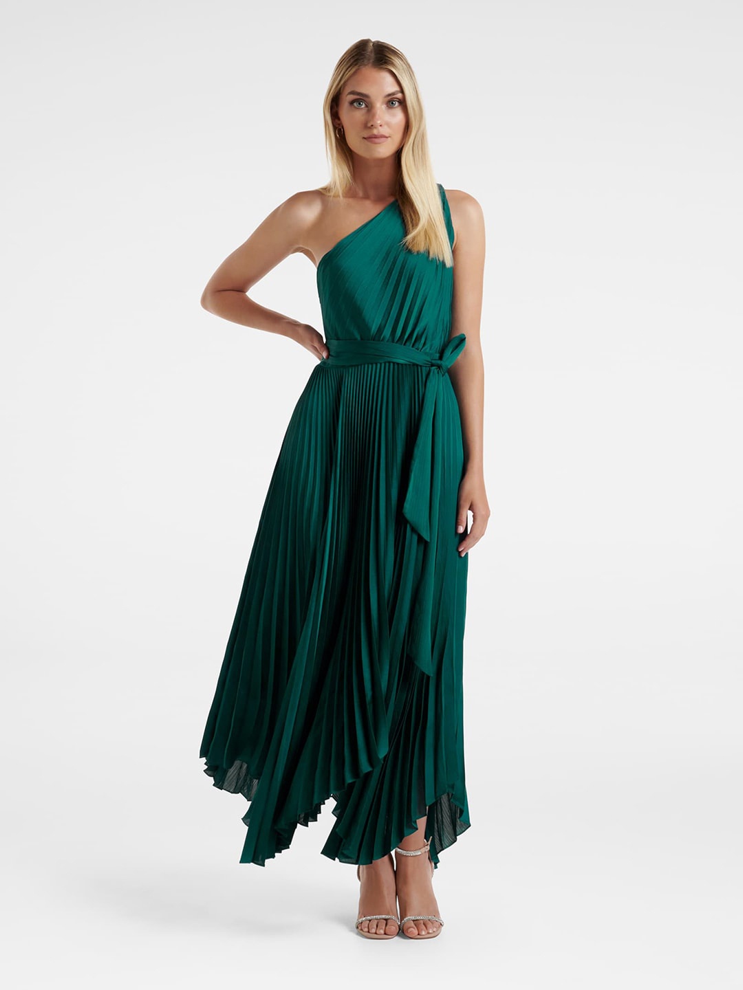 

Forever New One Shoulder Satin Maxi Dress, Green