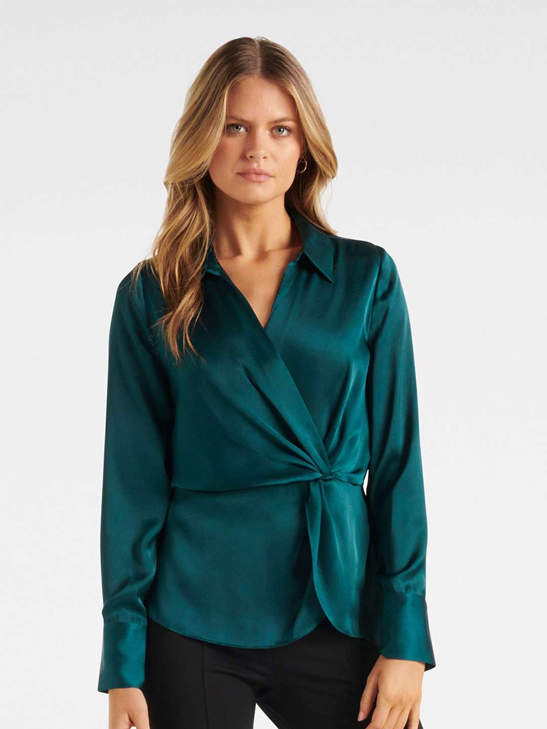

Forever New Shirt Collar Satin Wrap Top, Teal