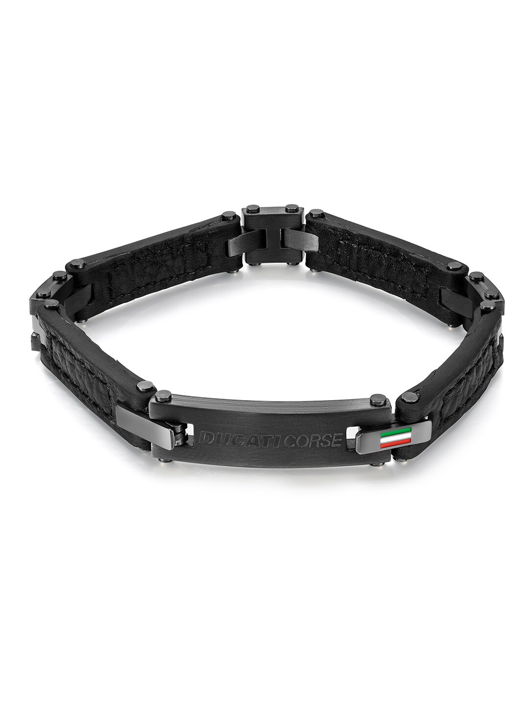 DUCATI CORSE Men Leather Link Bracelet, Silver