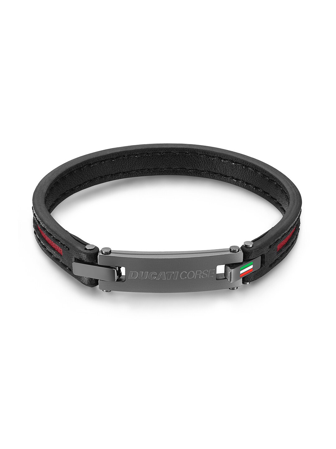 DUCATI CORSE Men Leather Silver-Plated Band Bracelet