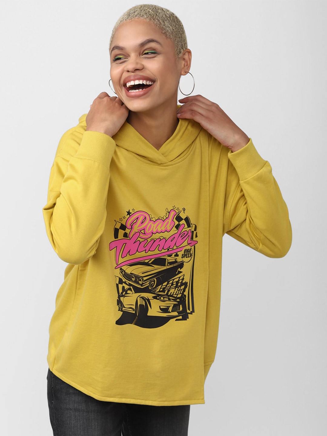 

FOREVER 21 Women Printed Hooded Sweatshirt, Yellow