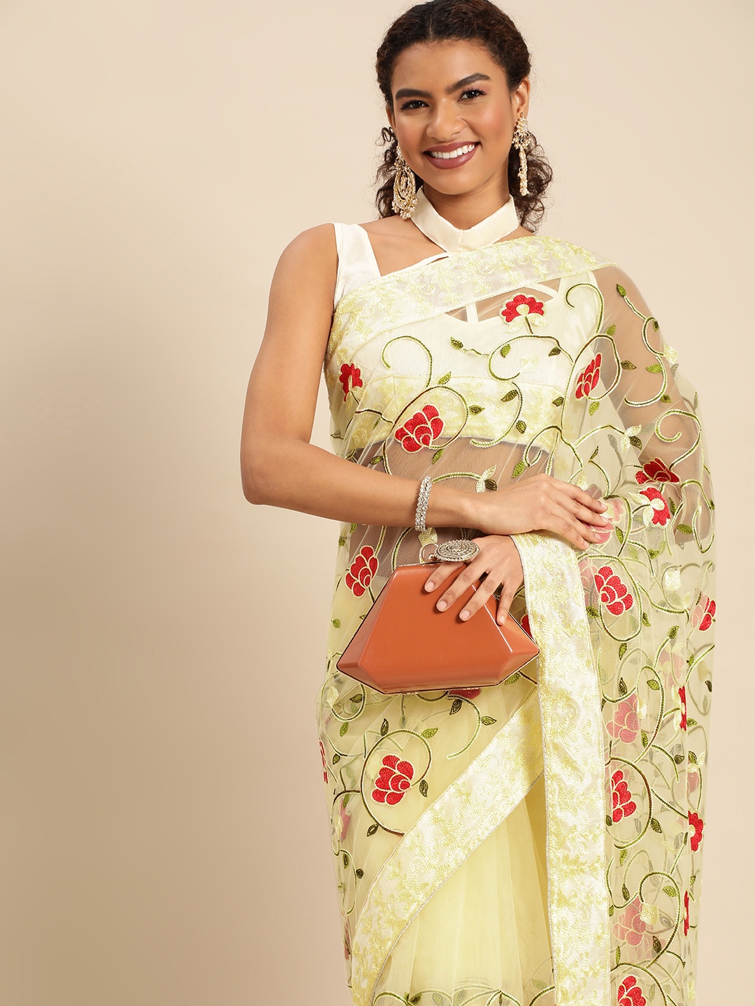 

HERE&NOW Floral Embroidered Net Saree, Yellow