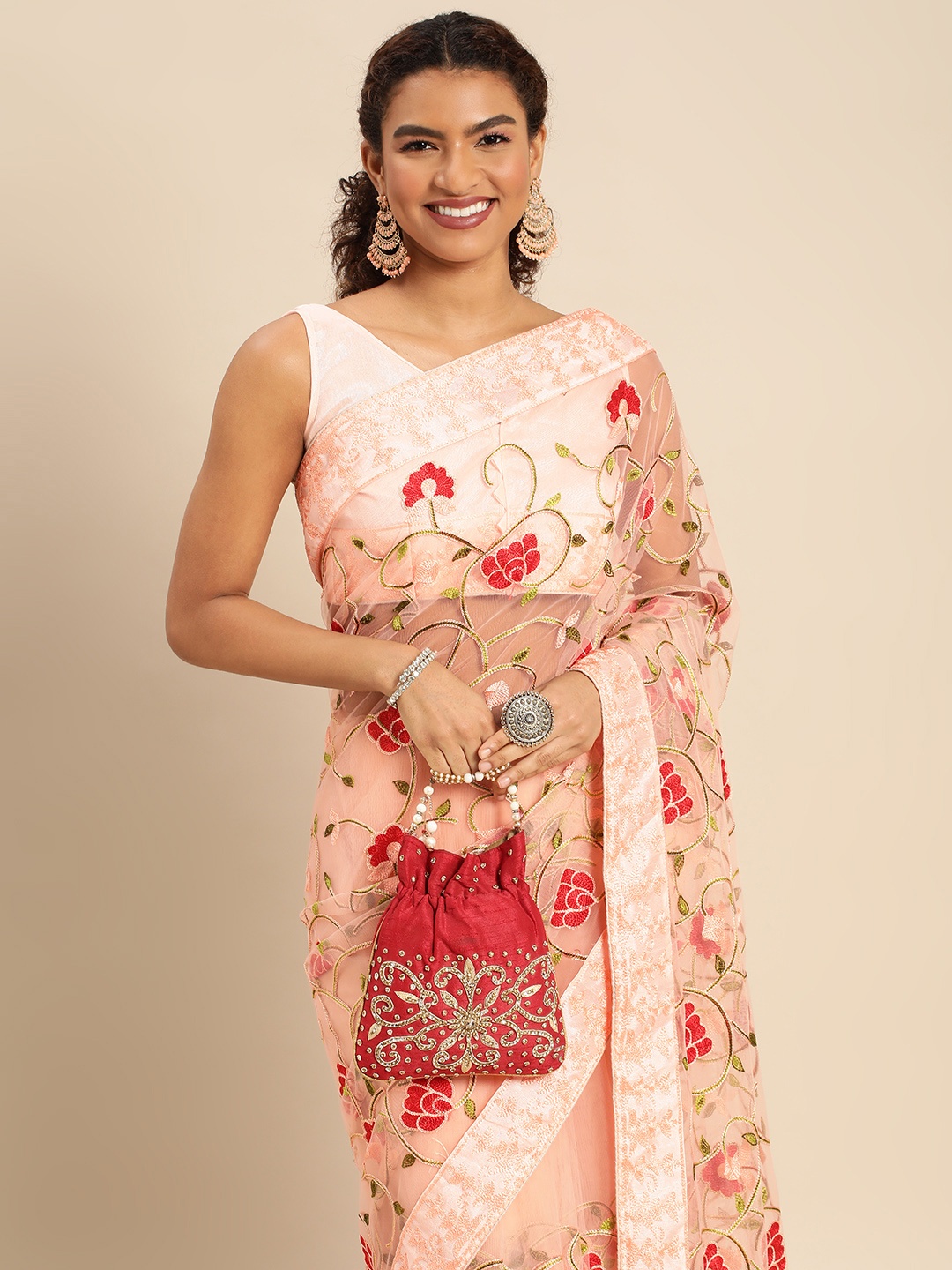 

HERE&NOW Floral Embroidered Net Saree, Peach