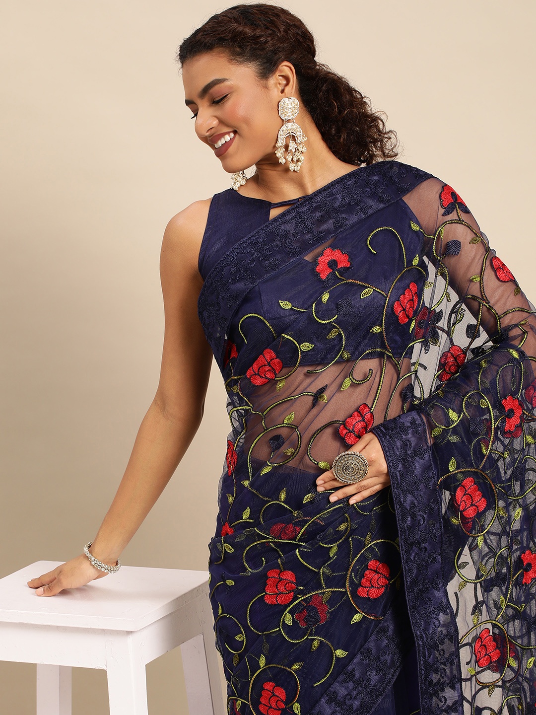 

HERE&NOW Floral Embroidered Net Saree, Navy blue