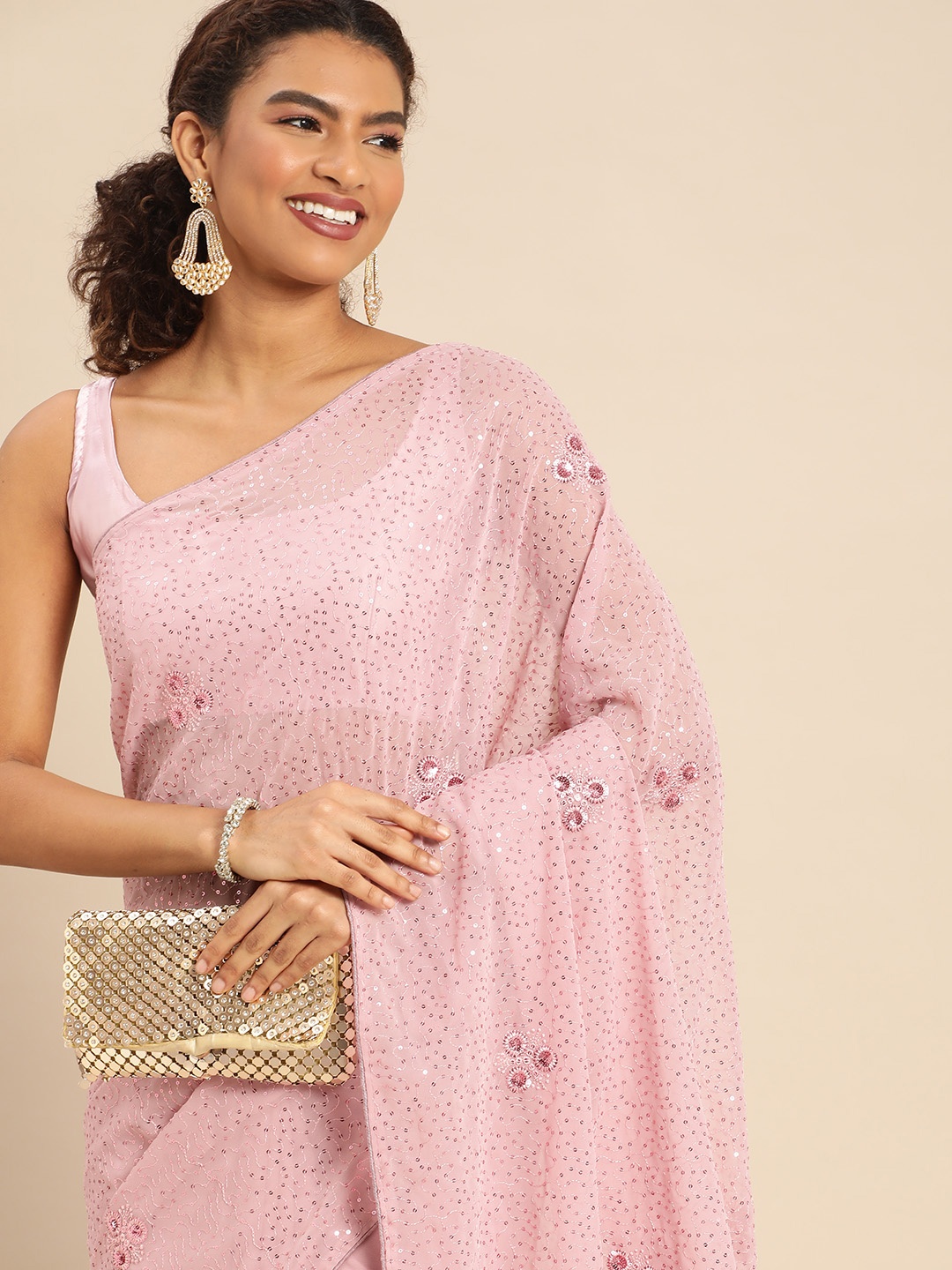 

HERE&NOW Ethnic Motifs Sequinned Saree, Pink