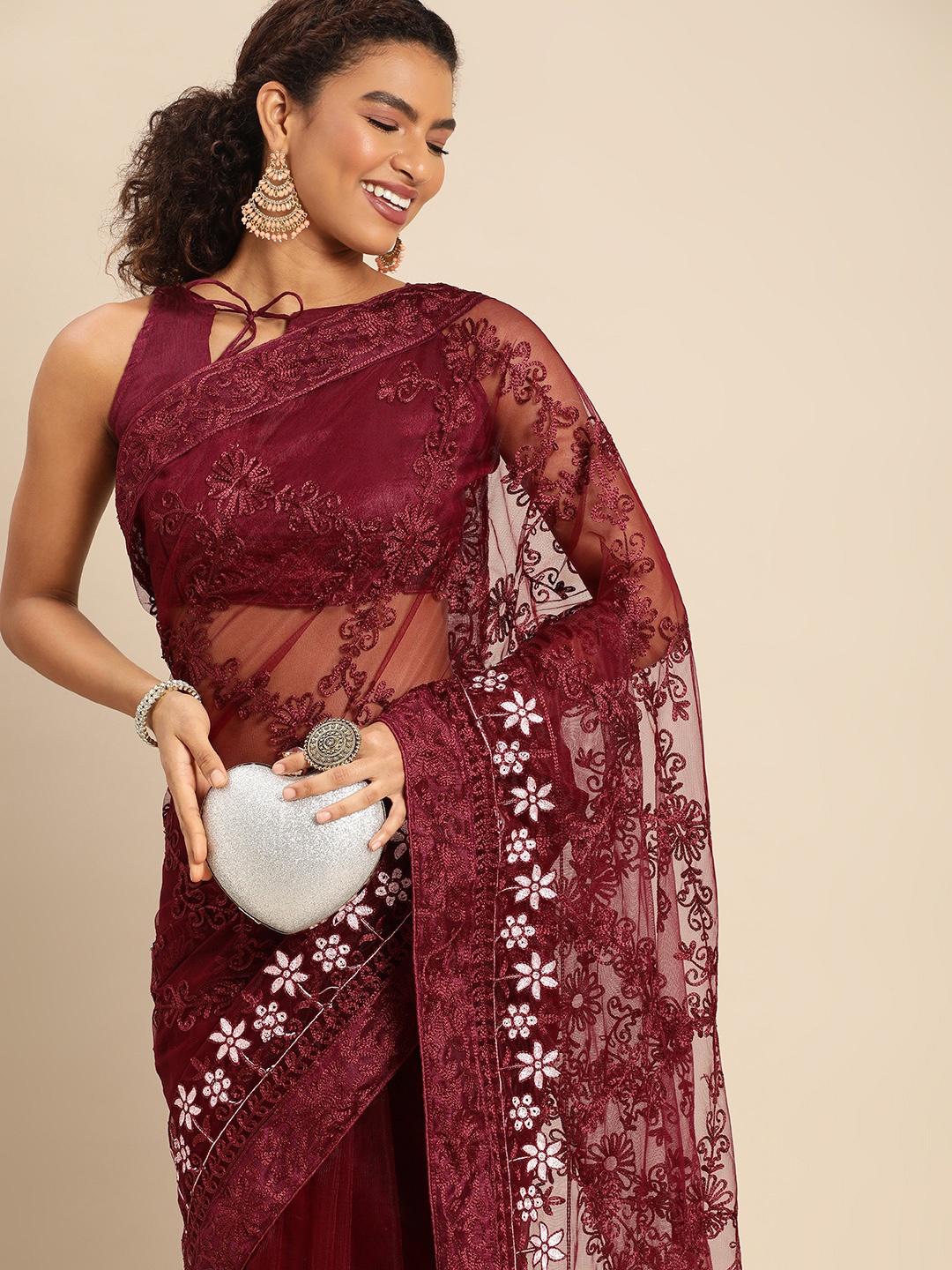 

HERE&NOW Ethnic Motifs Embroidered Net Saree, Purple