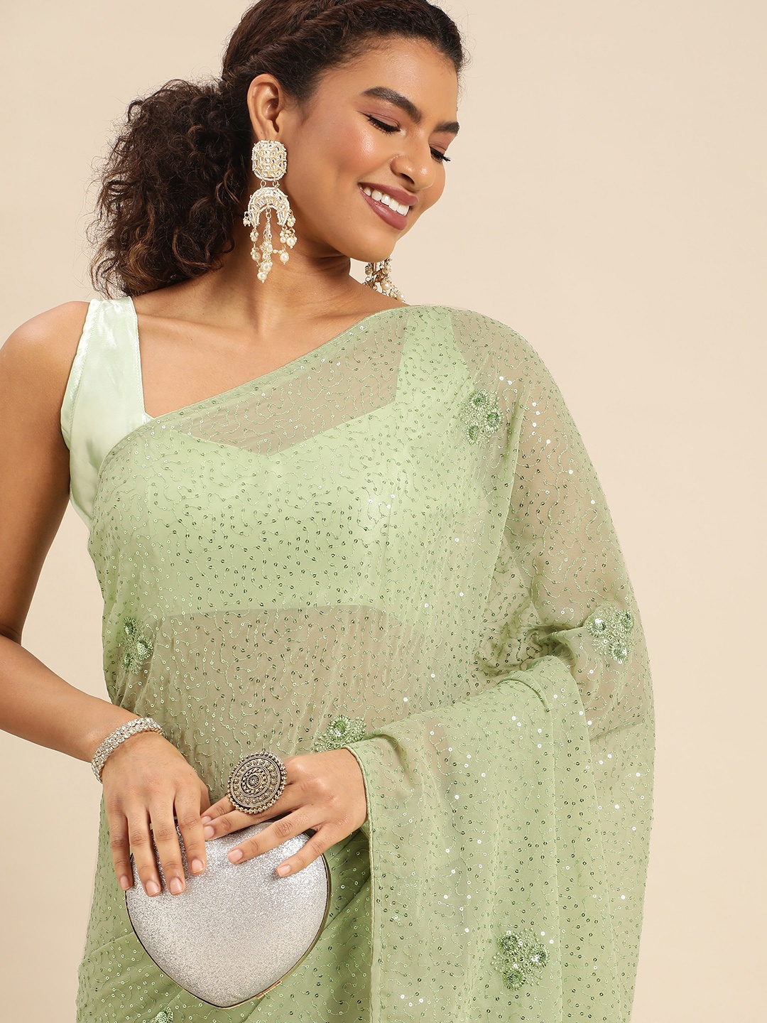 

HERE&NOW Ethnic Motifs Sequinned Saree, Sea green