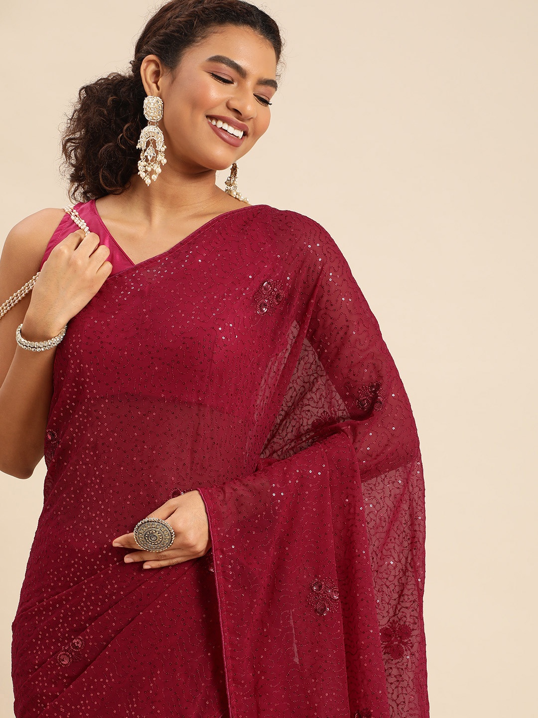 

HERE&NOW Ethnic Motifs Sequinned Saree, Purple